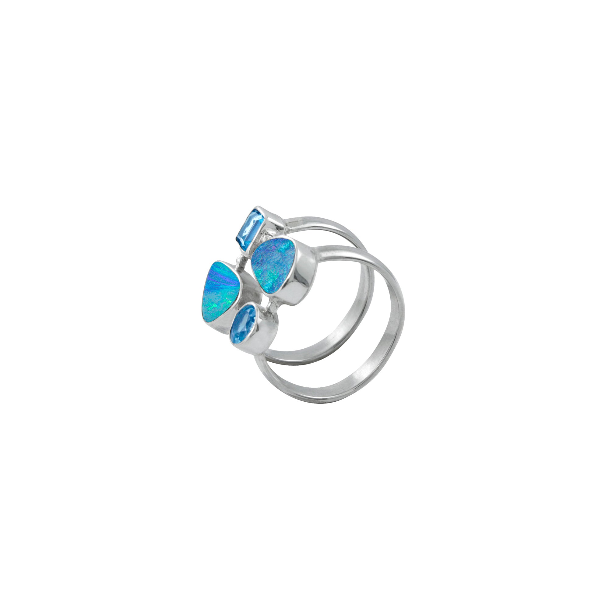 Silver Ring With Opal & Blue Topaz Square, Round