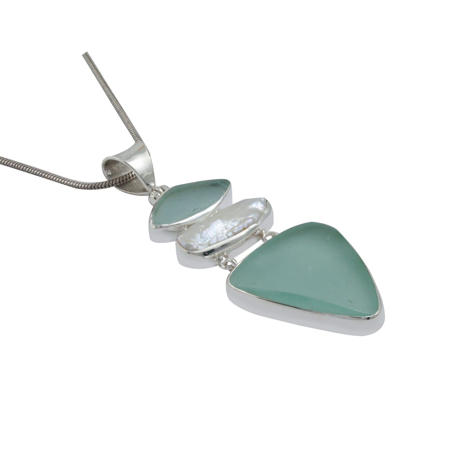 Exquisite Aqua Sea Glass Pendant with Biwa Pearl
