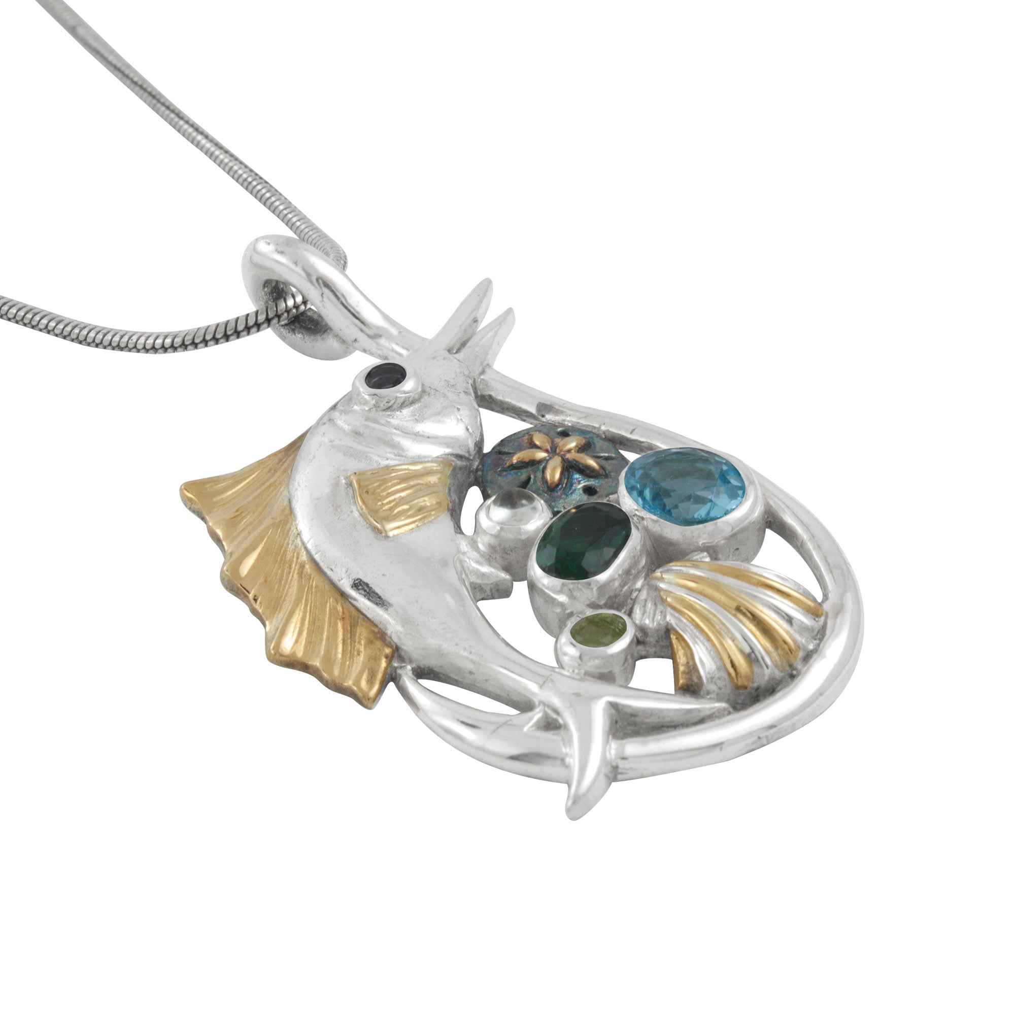Silver Pendant Fish Component With Multi Stone Facet