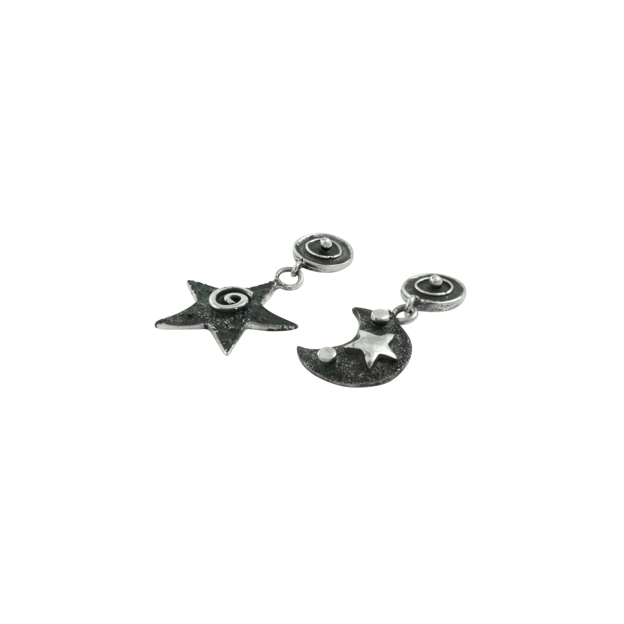 Silver Earring With Small Spiral Star & Moon