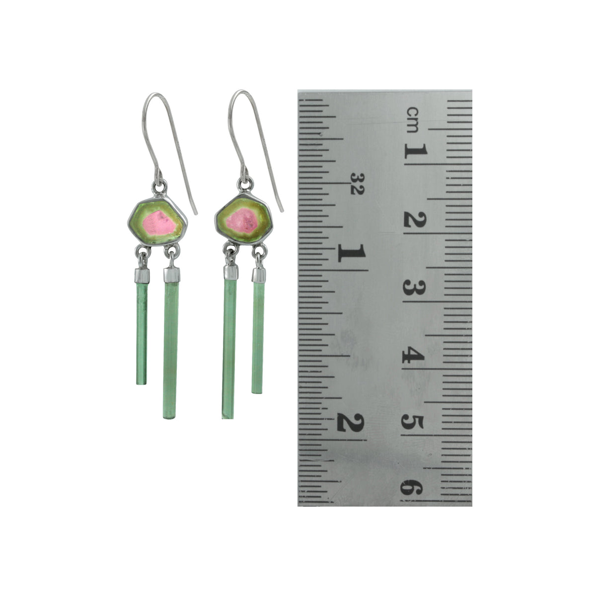 Silver Earring With Watermelon &amp; Green Toumaline Drop