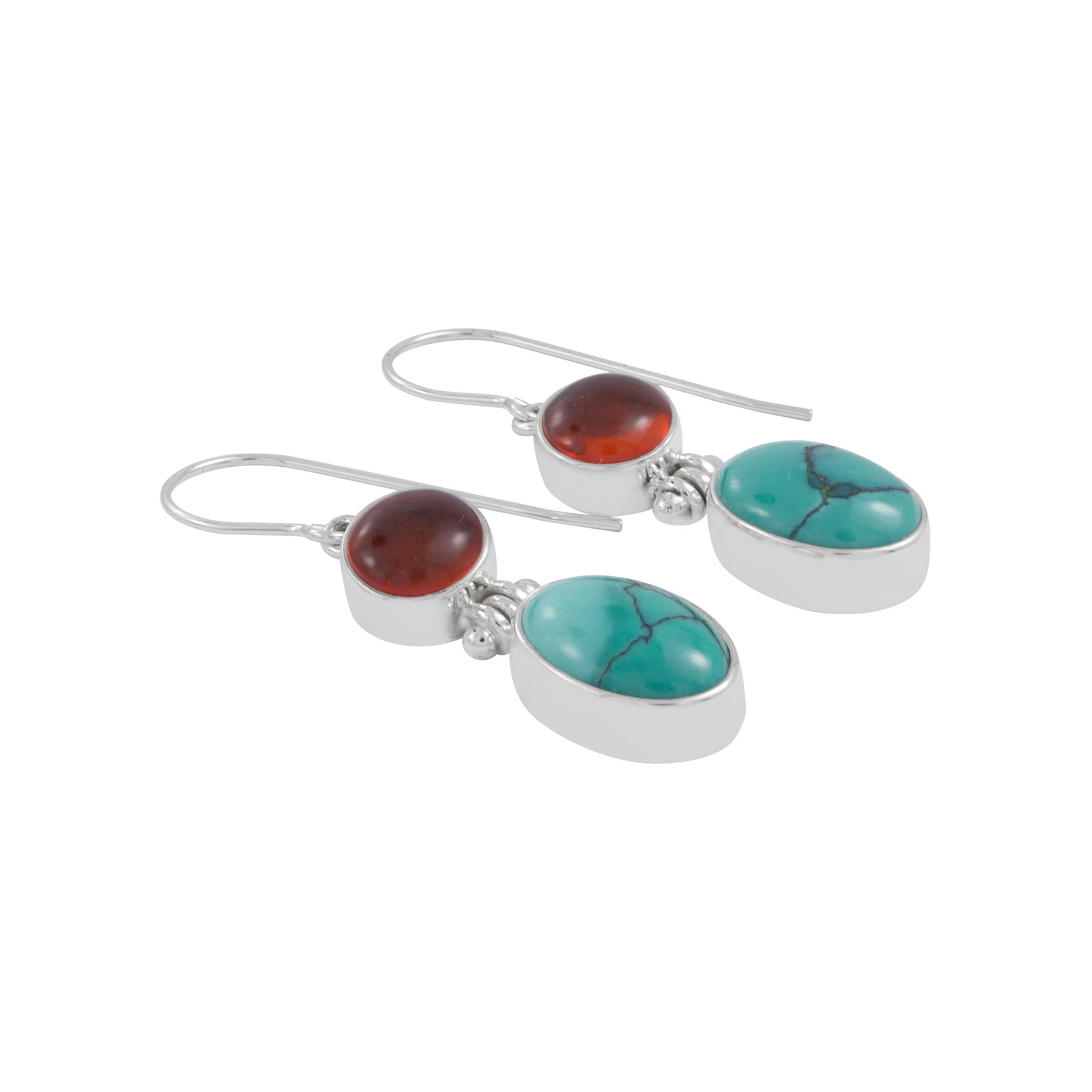 Silver Earring With Round Amber & Oval Turquoise Stone