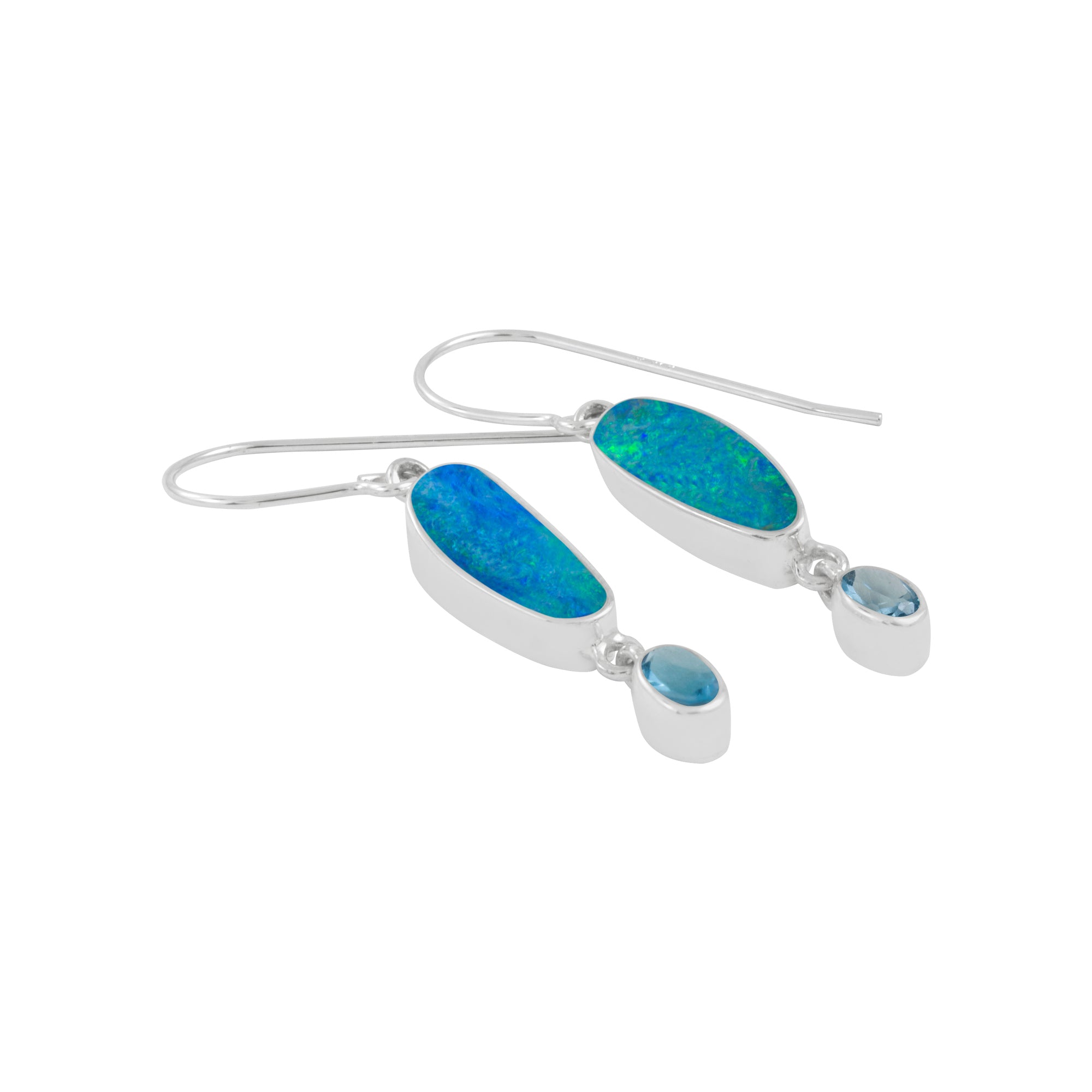 Silver Earring With Opal Free Form & London Blue Oval Facet