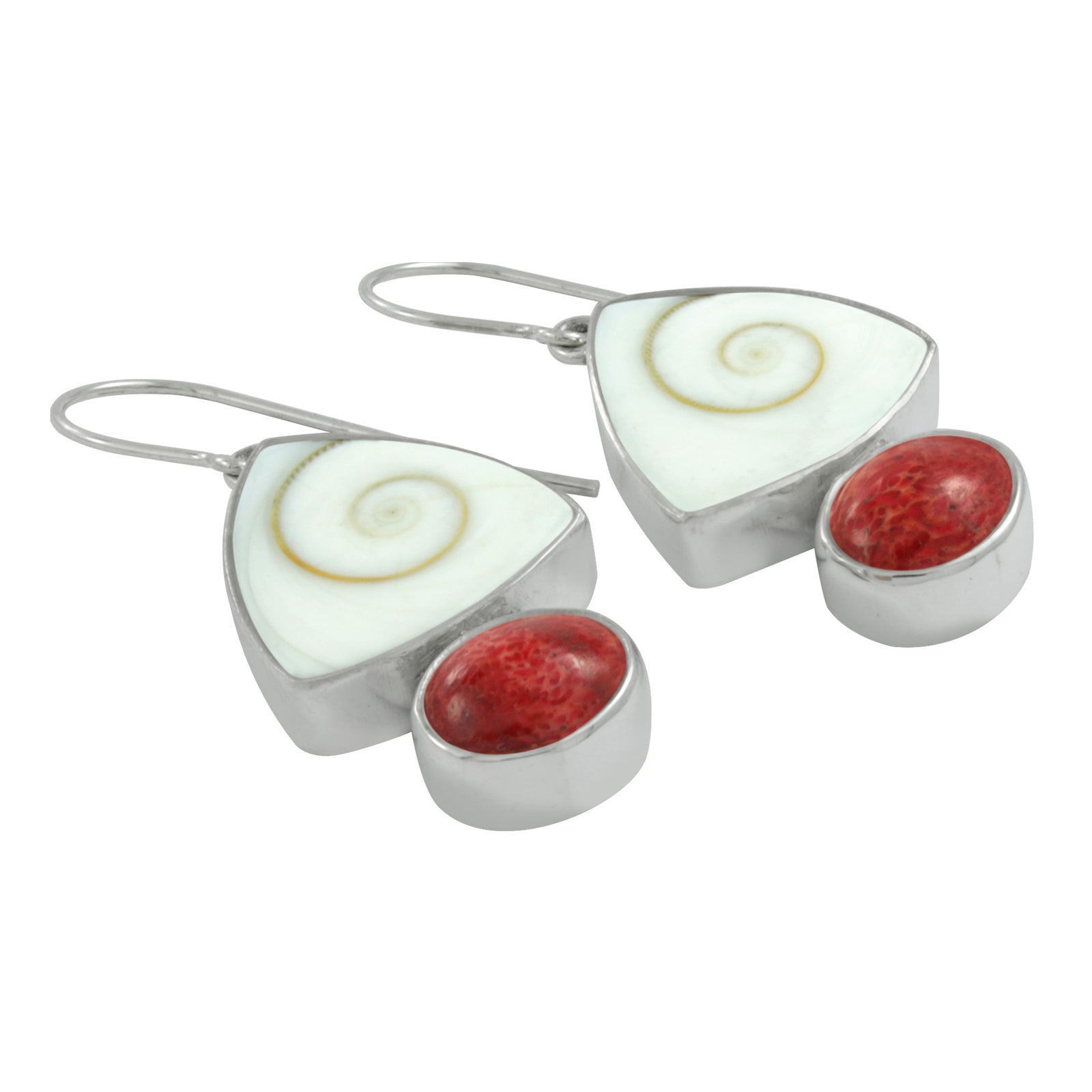 Silver Earring With  Shell Spiral Triangle & Oval Sponge Coral