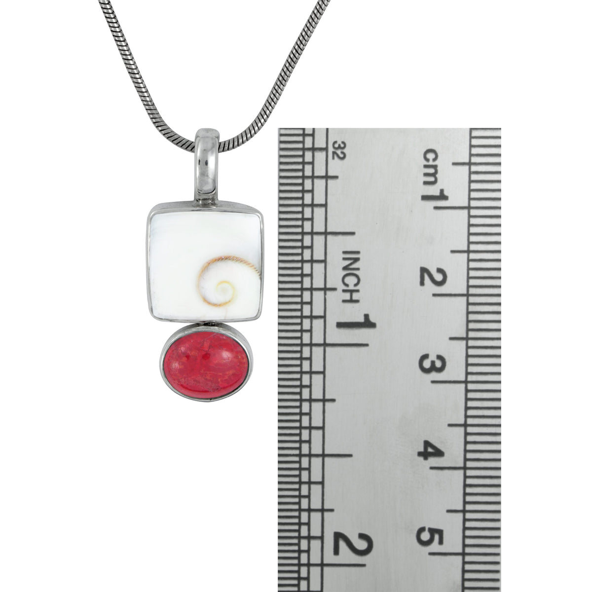 Silver Pendant With Shell Spiral Square &amp; Coral Oval Stone