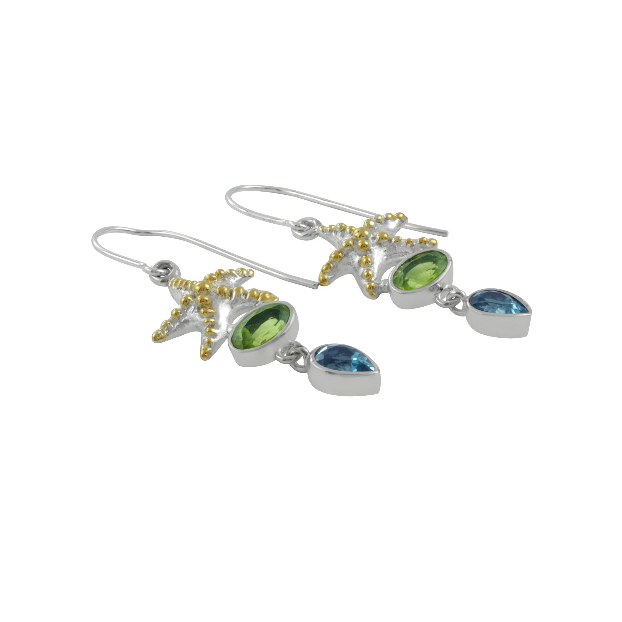 Silver Earring With Star Component With Peridot Oval And Blur Topaz Pear Facet