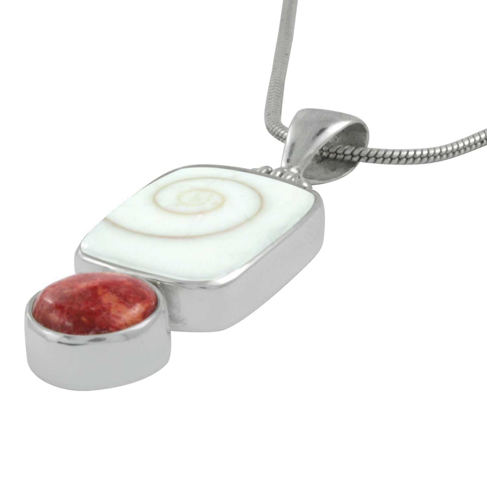 Silver Pendant With Shell Spiral Rectangle & Sponge Coral Round
