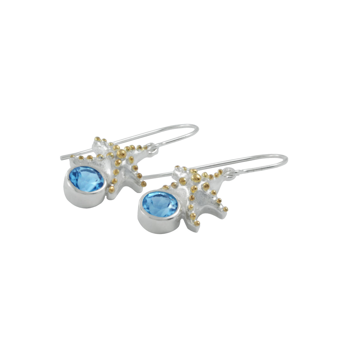 Silver Earring With Star Component &amp; Blue Topaz Round Facet