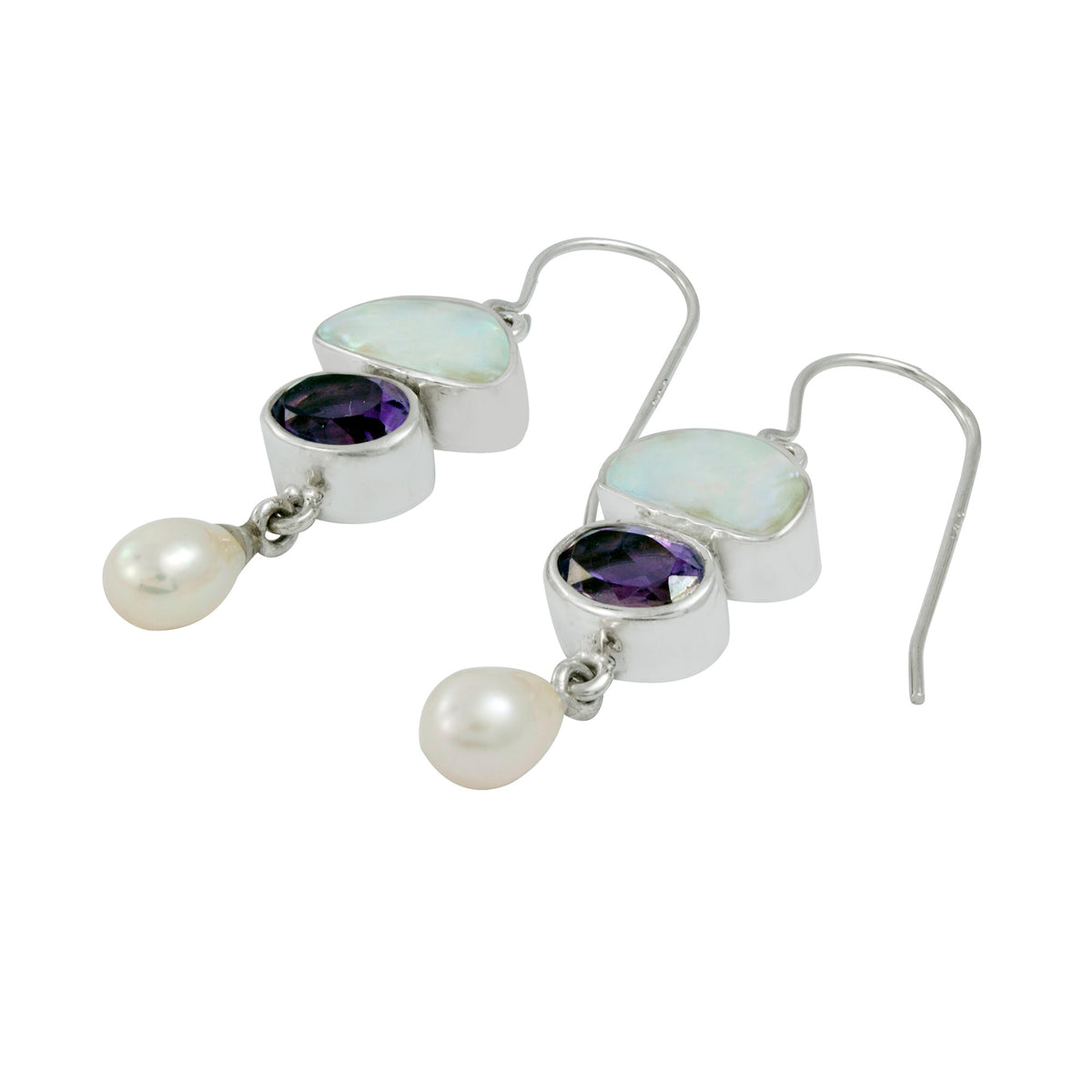 Silver Earring With Pearl White Keishi, Amethyst Oval, Pearl Drop