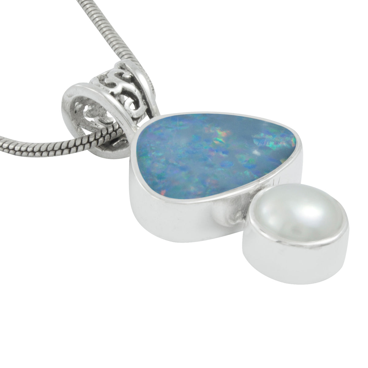Silver Pendant With Opal Free Form &amp; Pearl