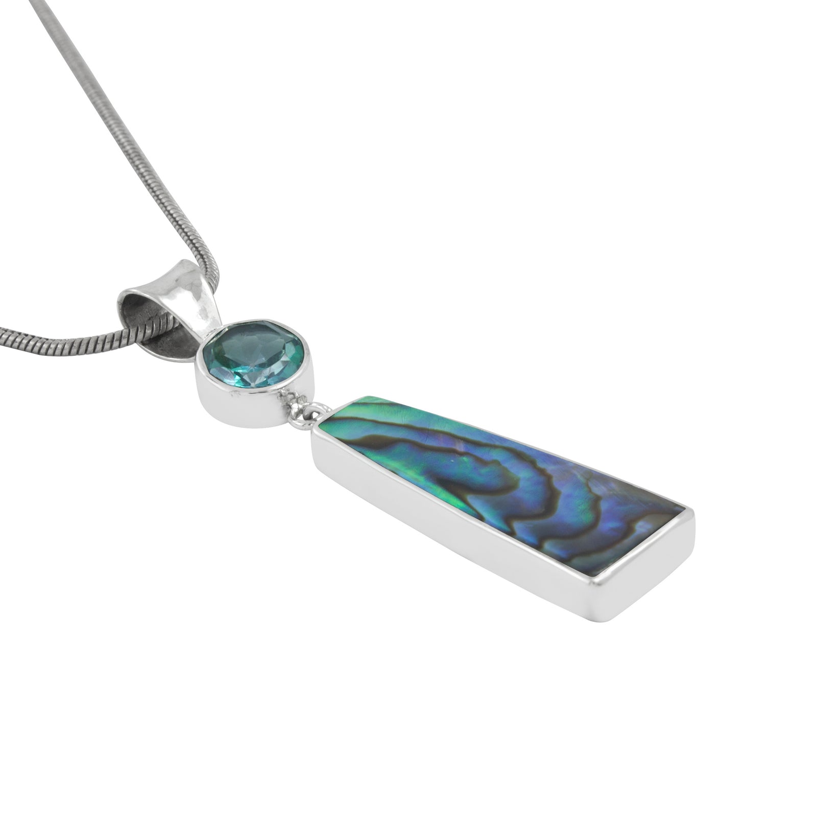 Silver Pendant With Green Quarzt Round Facet And Paua Rectangle