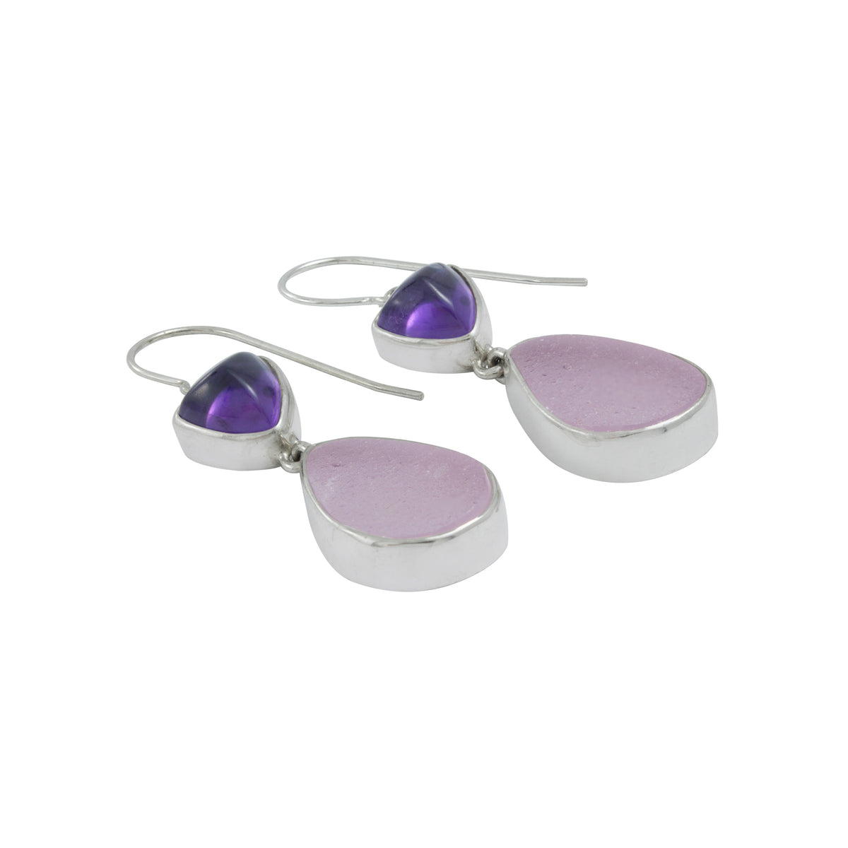 Silver Earring With Amethyst Triangle &amp; Sea Glass Lavender