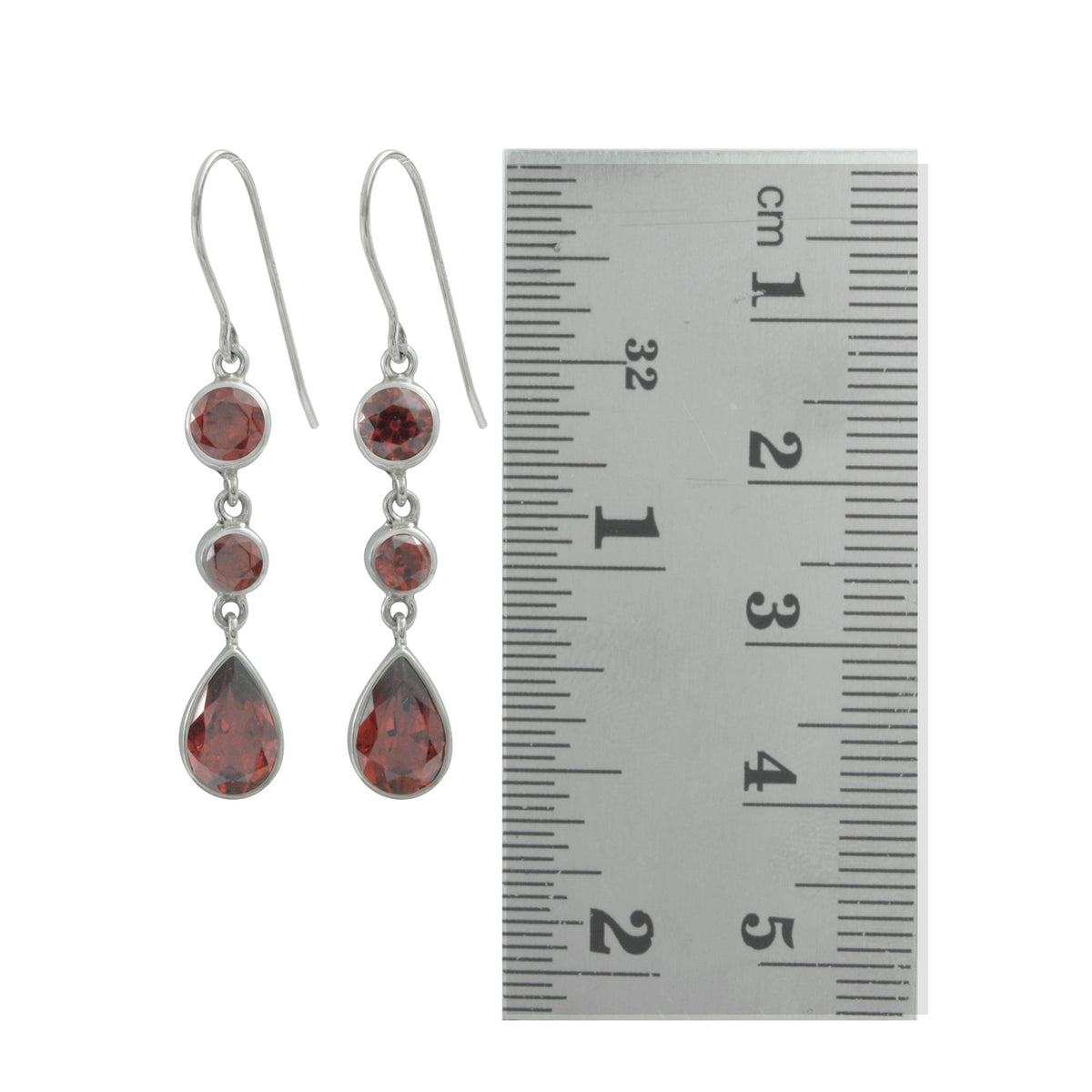 Silver Earring With Round Facet Garnet &amp; Pear