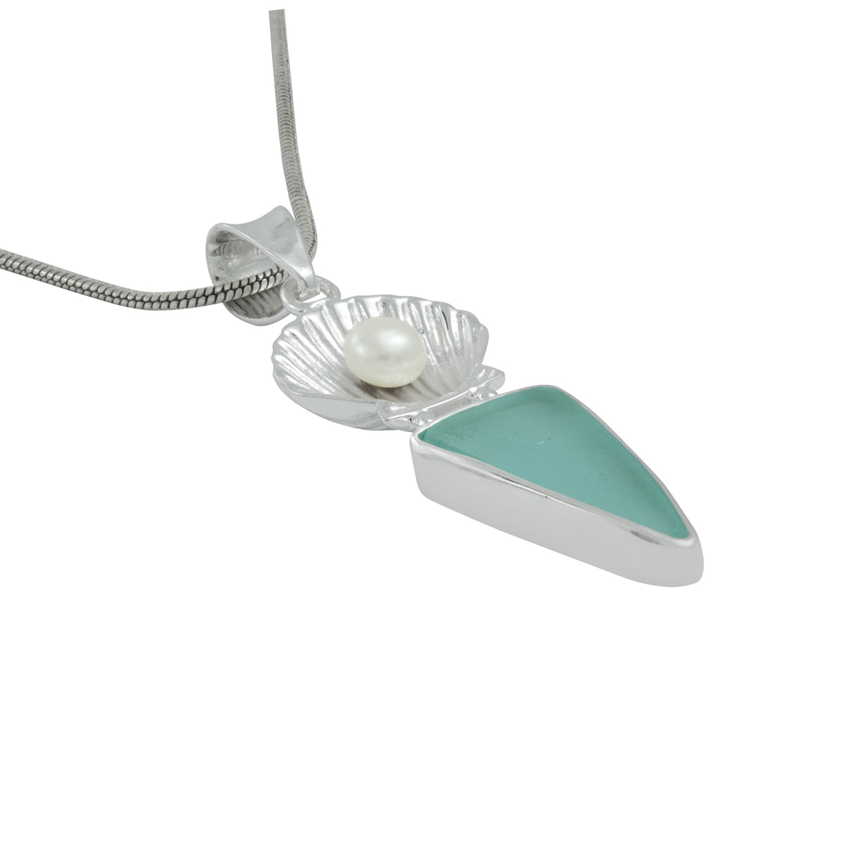 Silver Pendant With Shell Componant With Pearl Round &amp; Sea Glass Aqua