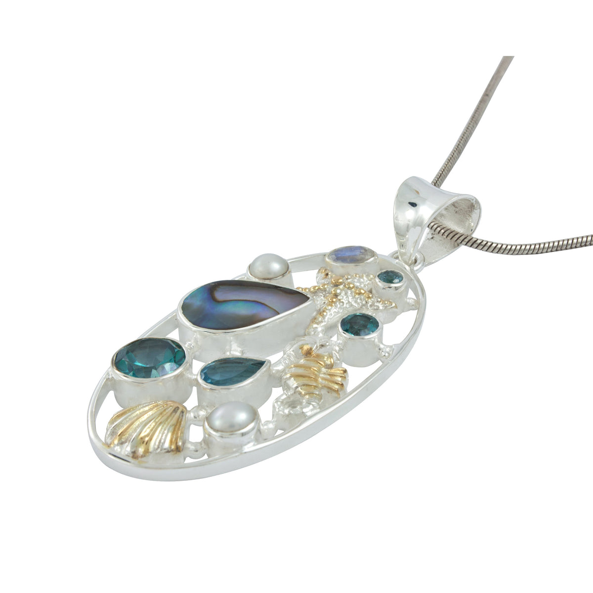 Silver Pendant With Multi Stone &amp; Sea Life Component Inside Oval Frame