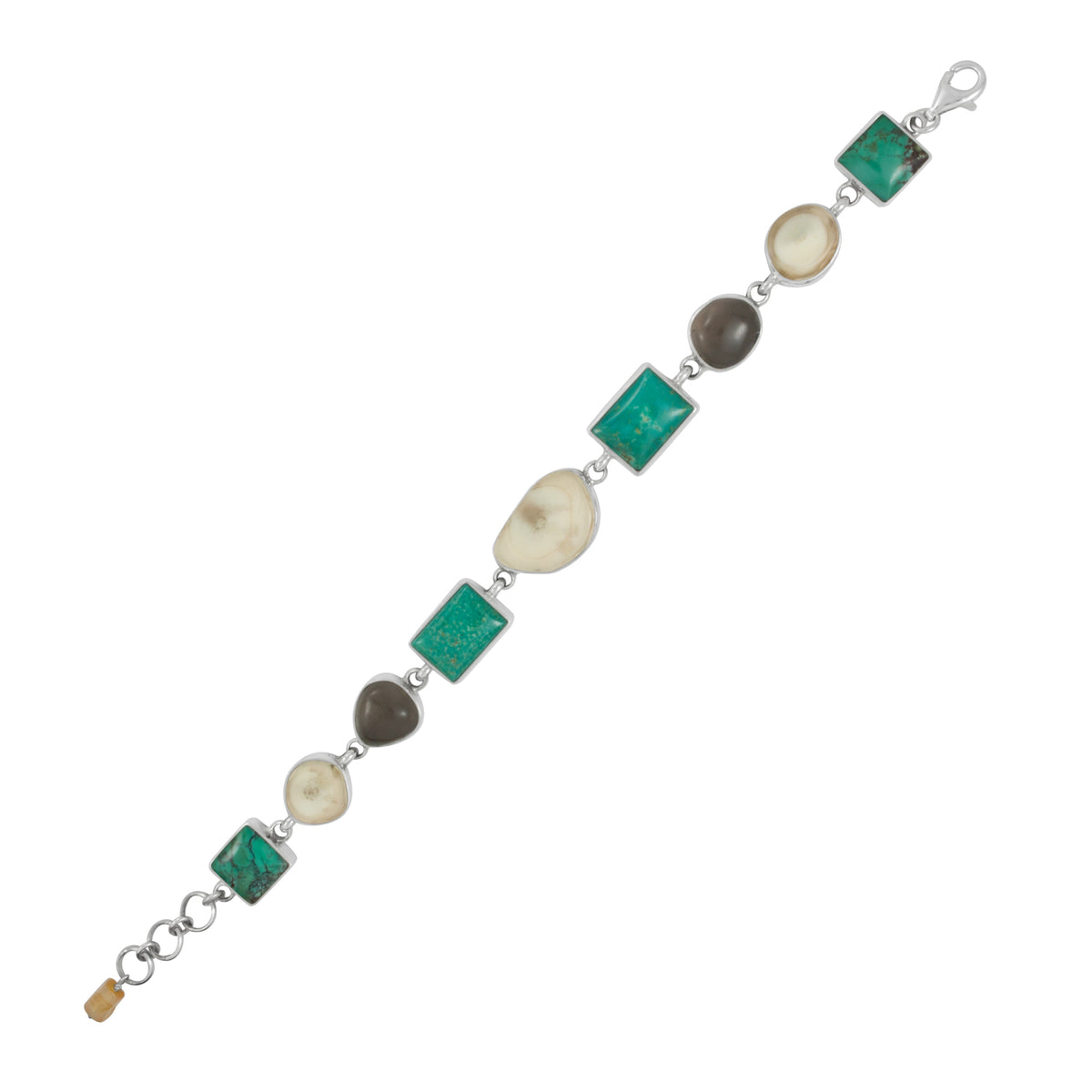 Sterling Silver Bracelet With Fossil Ivory, Turqouise Rect And Square, Smoket Free Form Cab