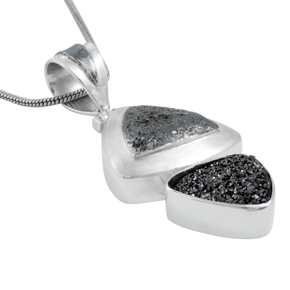 Silver Pendant Texture Component With Druzy Black Knigt Triangle