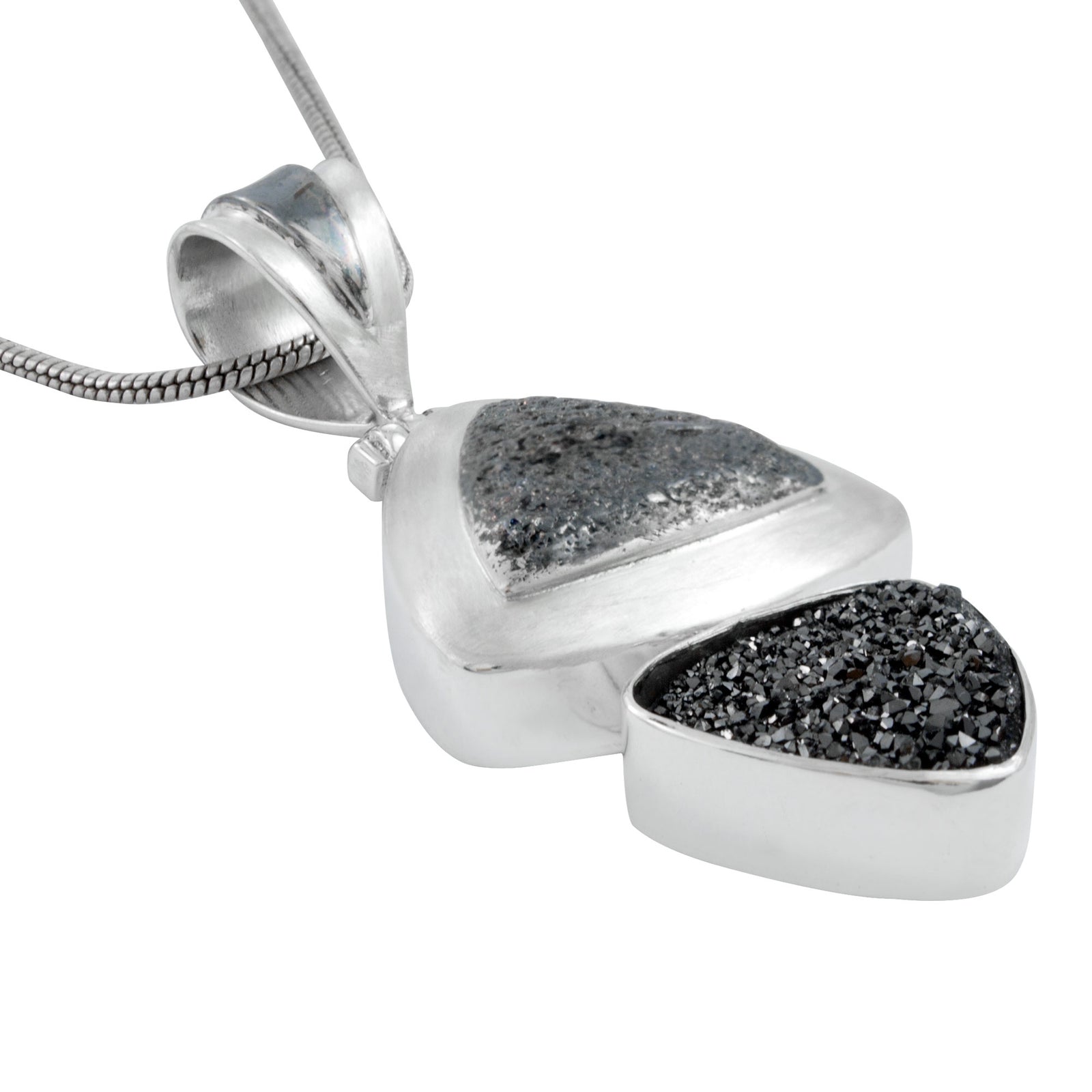 Silver Pendant Texture Component With Druzy Black Knigt Triangle