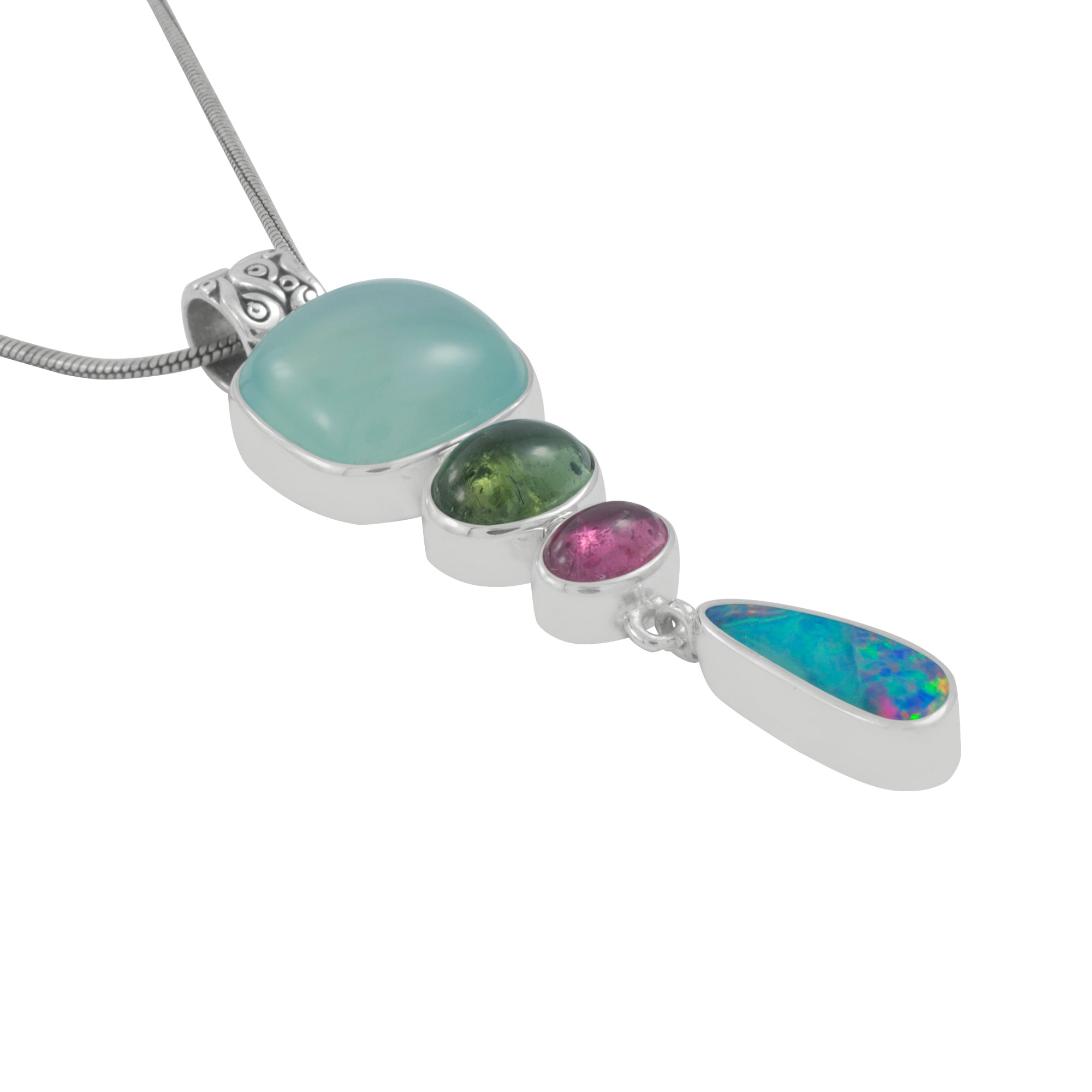 Ocean Chalcidyney Square Or Oval Silver Pendant With Opal Drop