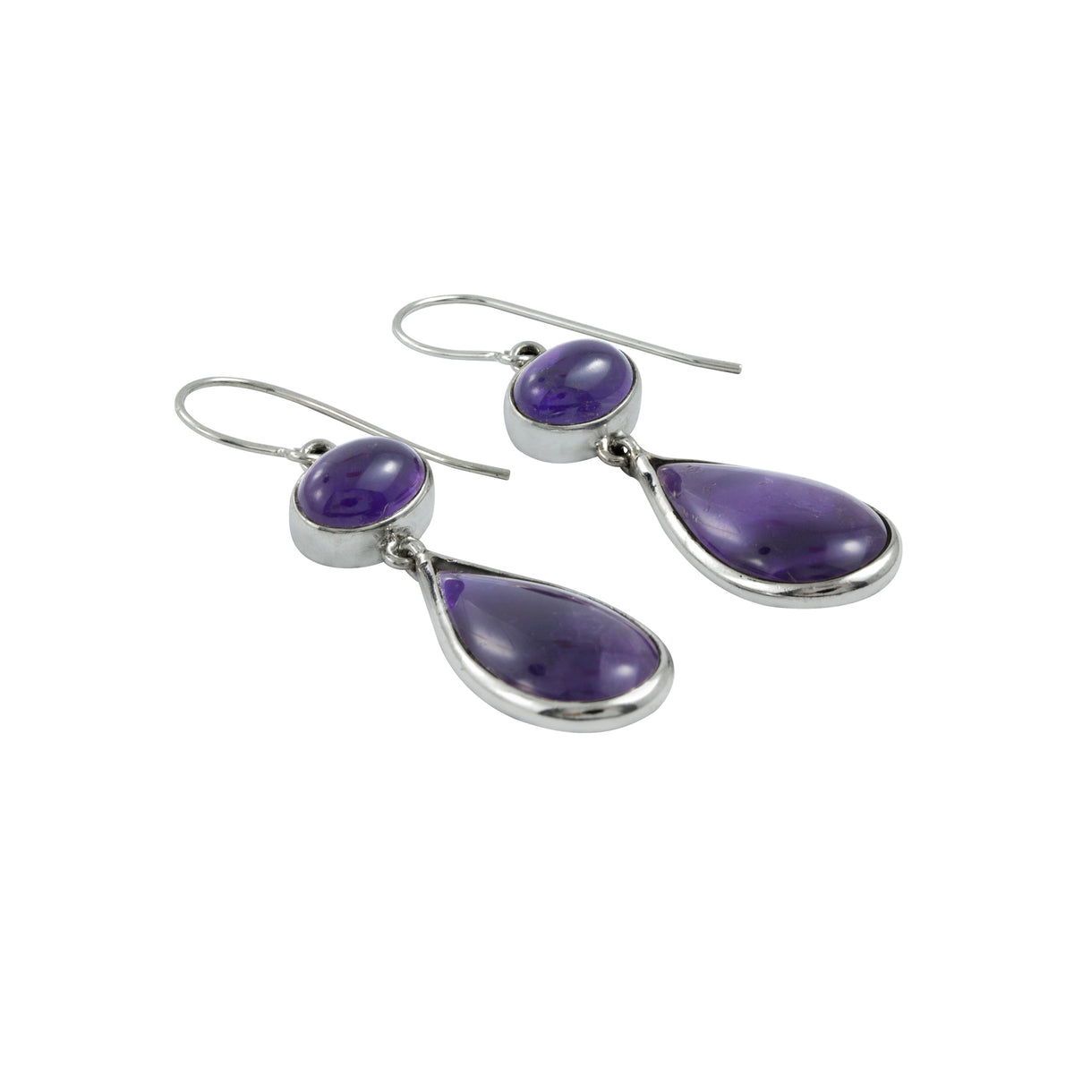 Silver Earring With Amethyst Oval Cab &amp; Amethyst Drop