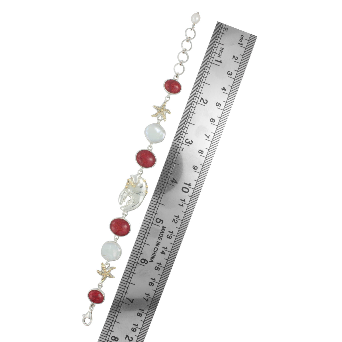 Silver Bracelet With Star And Claw Component With Pearl, Sponge Coral Oval