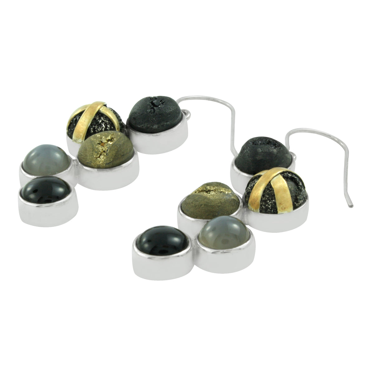 Geometric Earring with Druze Onyx &amp; Grey Moonstone