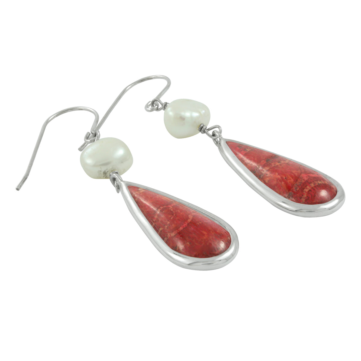 Silver Earring With Pearl &amp; Sponge Coral Tear Drop