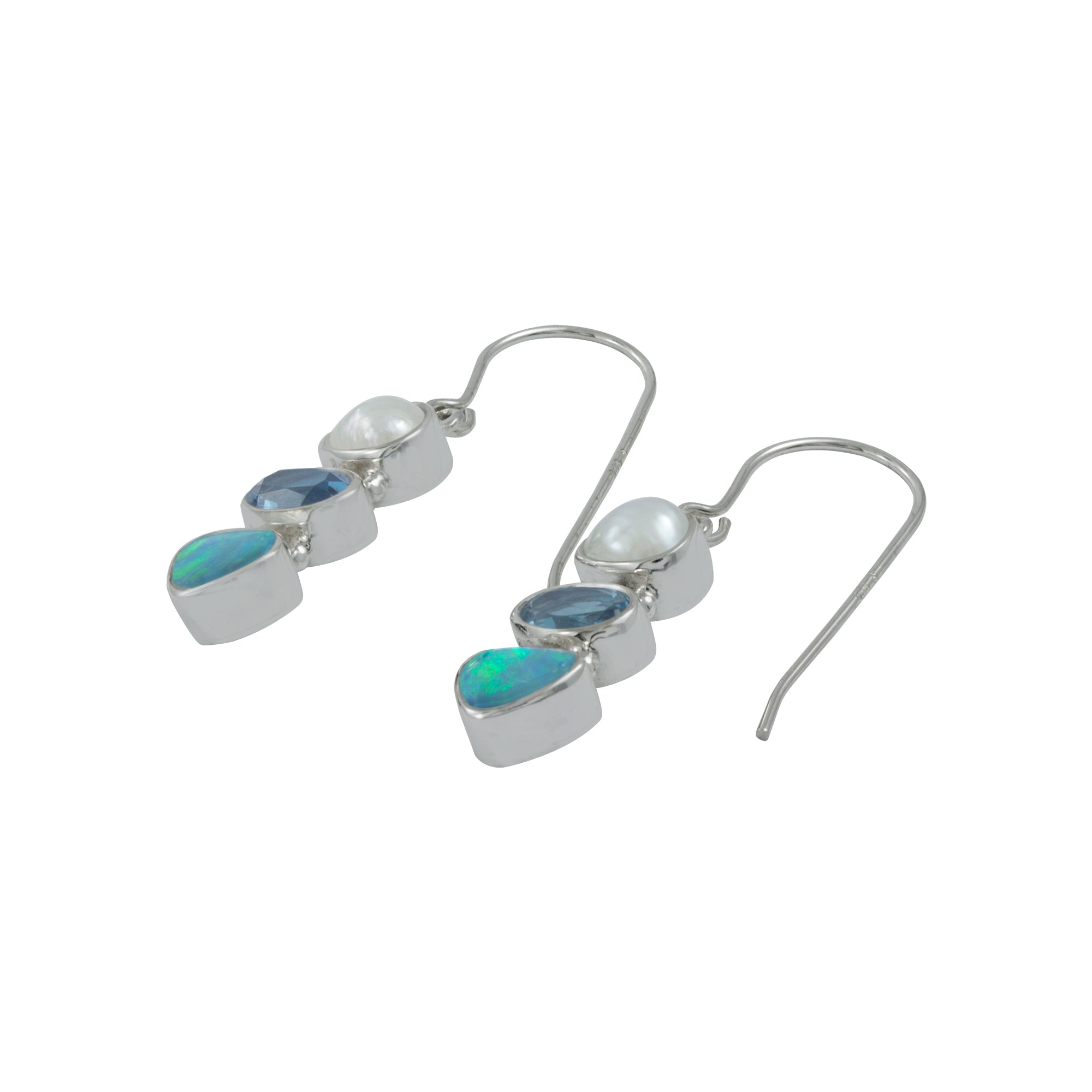 Silver Earring With Pearl Keshi, London Blue Ovsl Facet, Opal Free Form