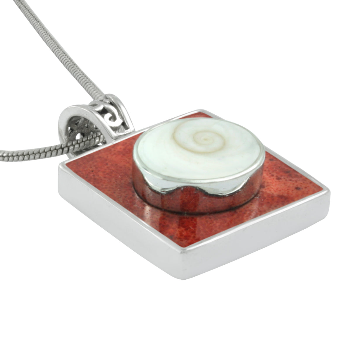Silver Pendant Coral Square &amp; Shell Spiral Oval Stone