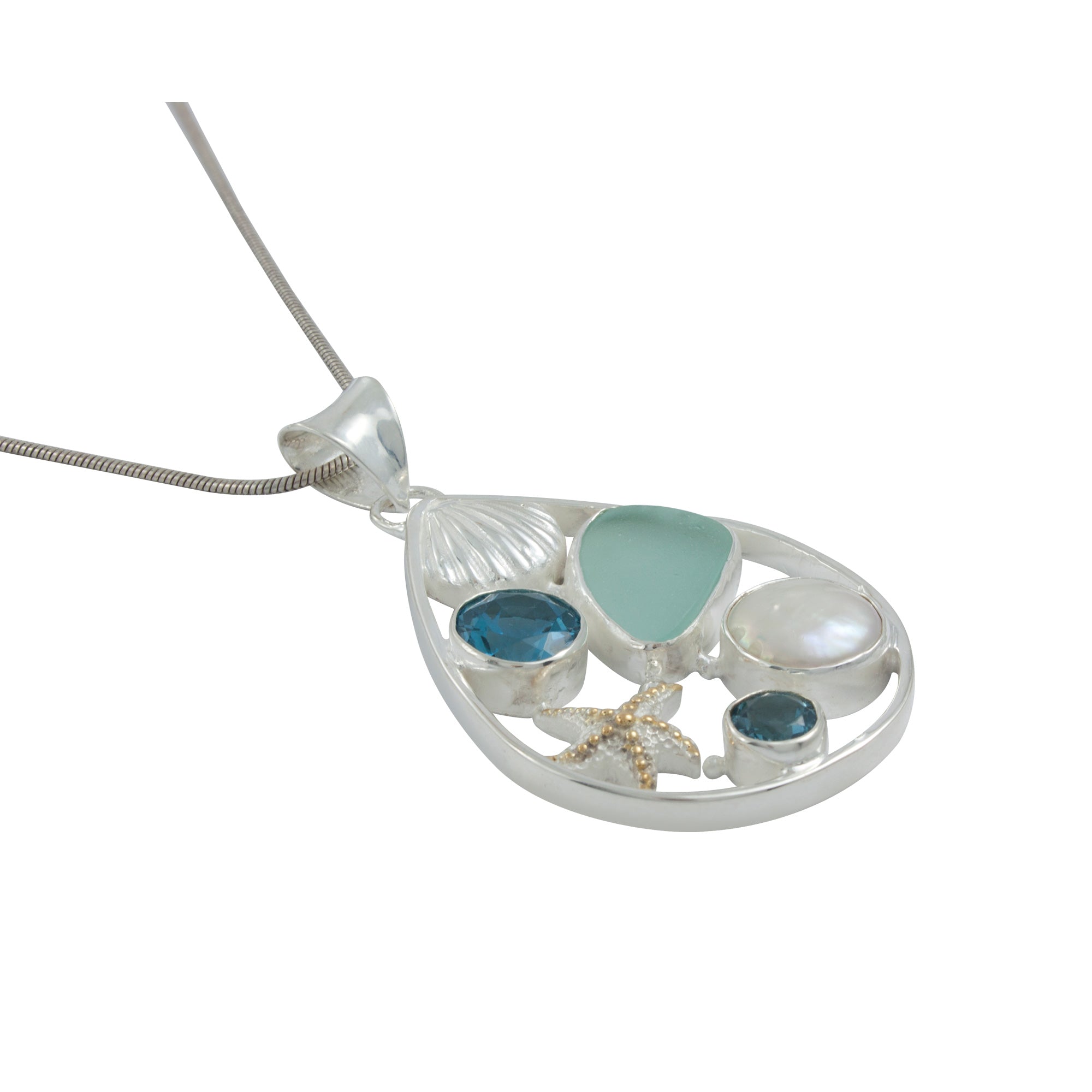 Stunning Sealife pendant with blue Topaz and pearl - truly unique