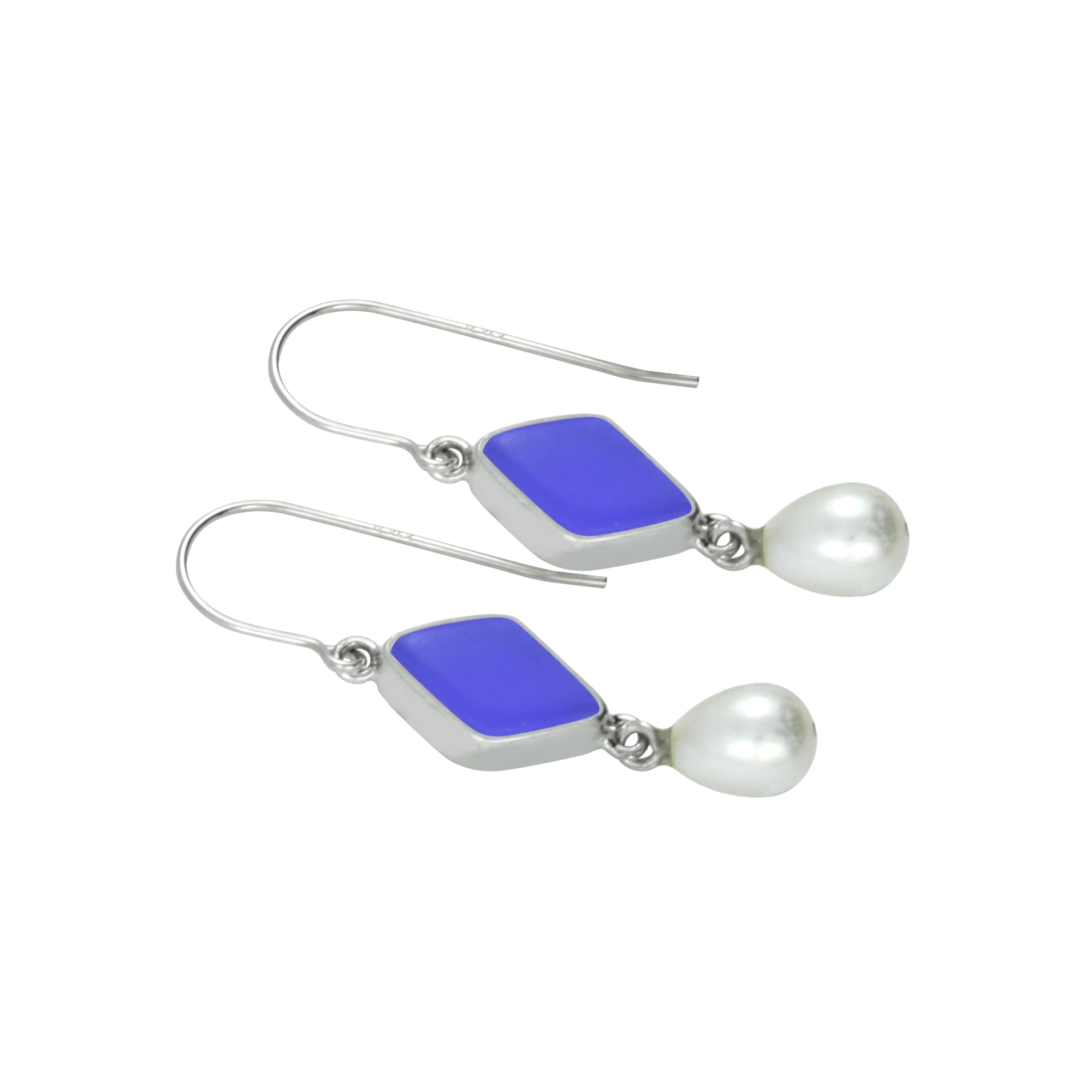 Cobalt Blue Sea Glass Earring With Pearl Drop