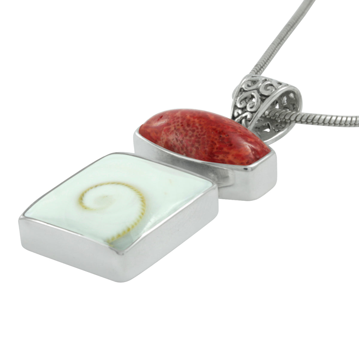 Silver Pendant  With Sponge Coral Rectangle &amp; Spiral Shell