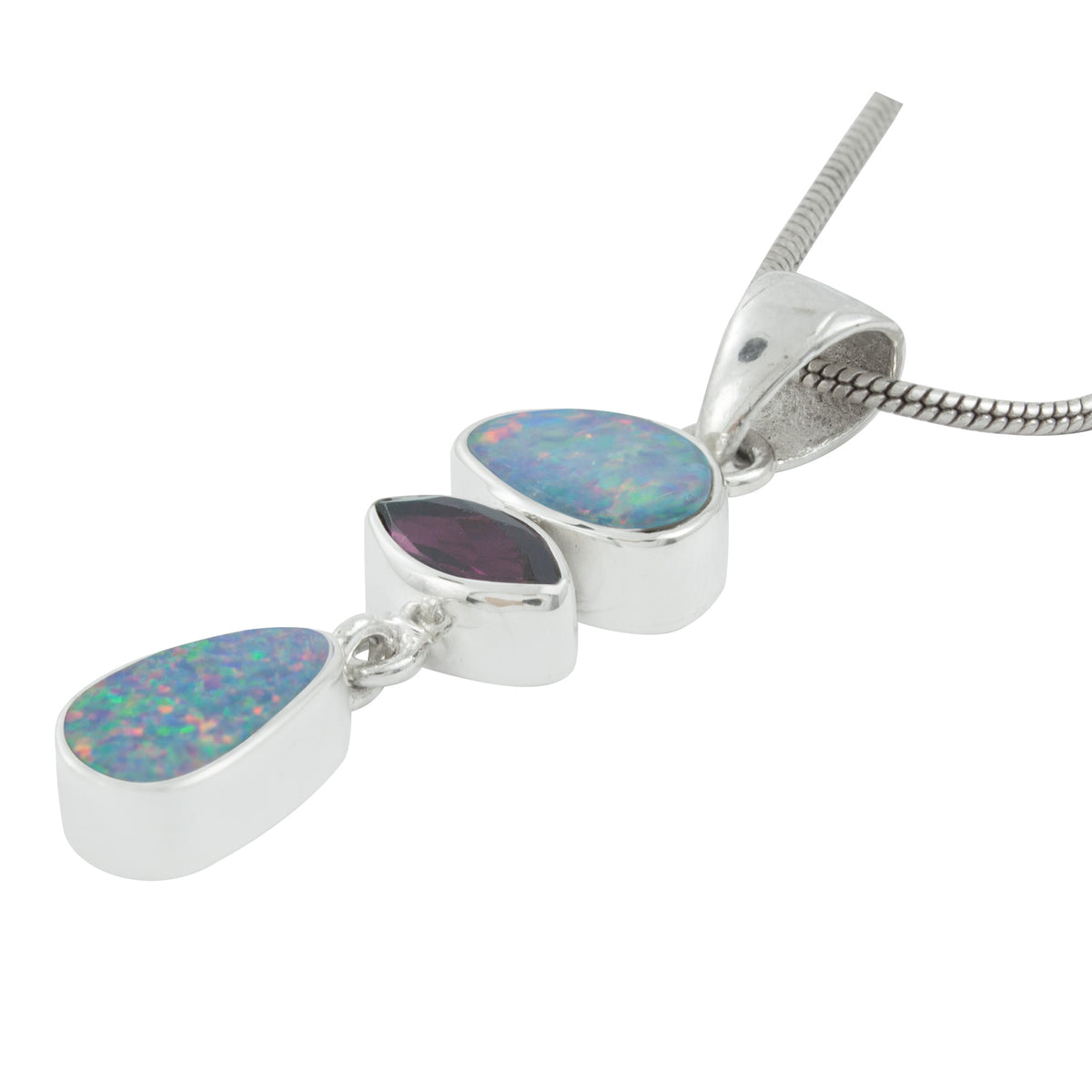 Silver Pendant 3 Stones With Opal Free Form &amp; Rhodolite Garnet Marquise