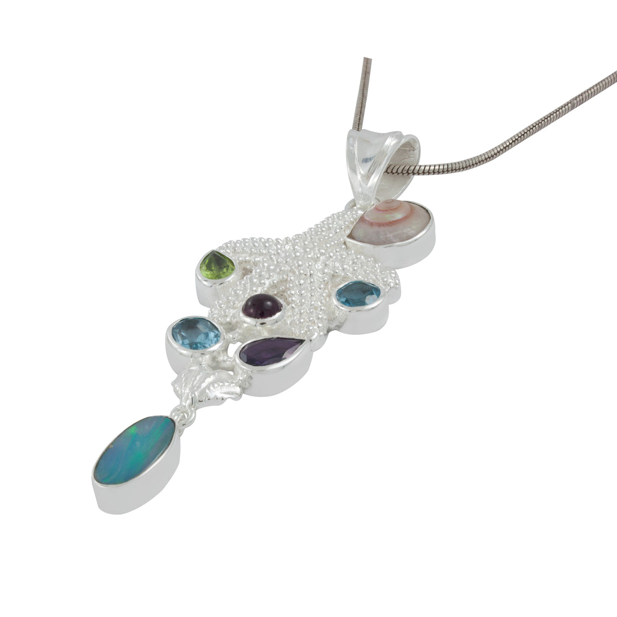 Silver Pendant Star Component With Multi Facet Stone And Opal Drop
