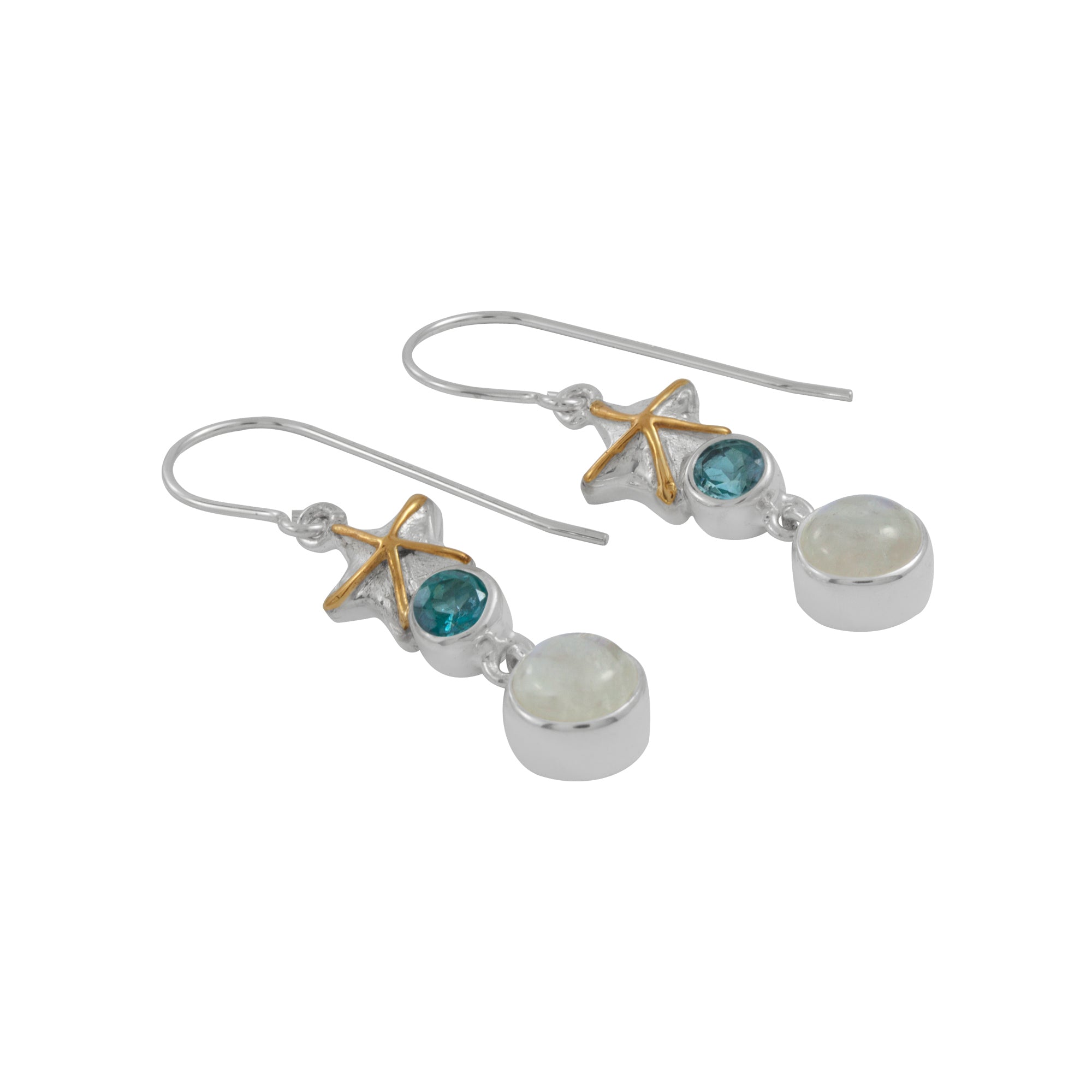 Silver Earring With Star Component, Green Topaz Round Facet And RainBow Moon Round Cab