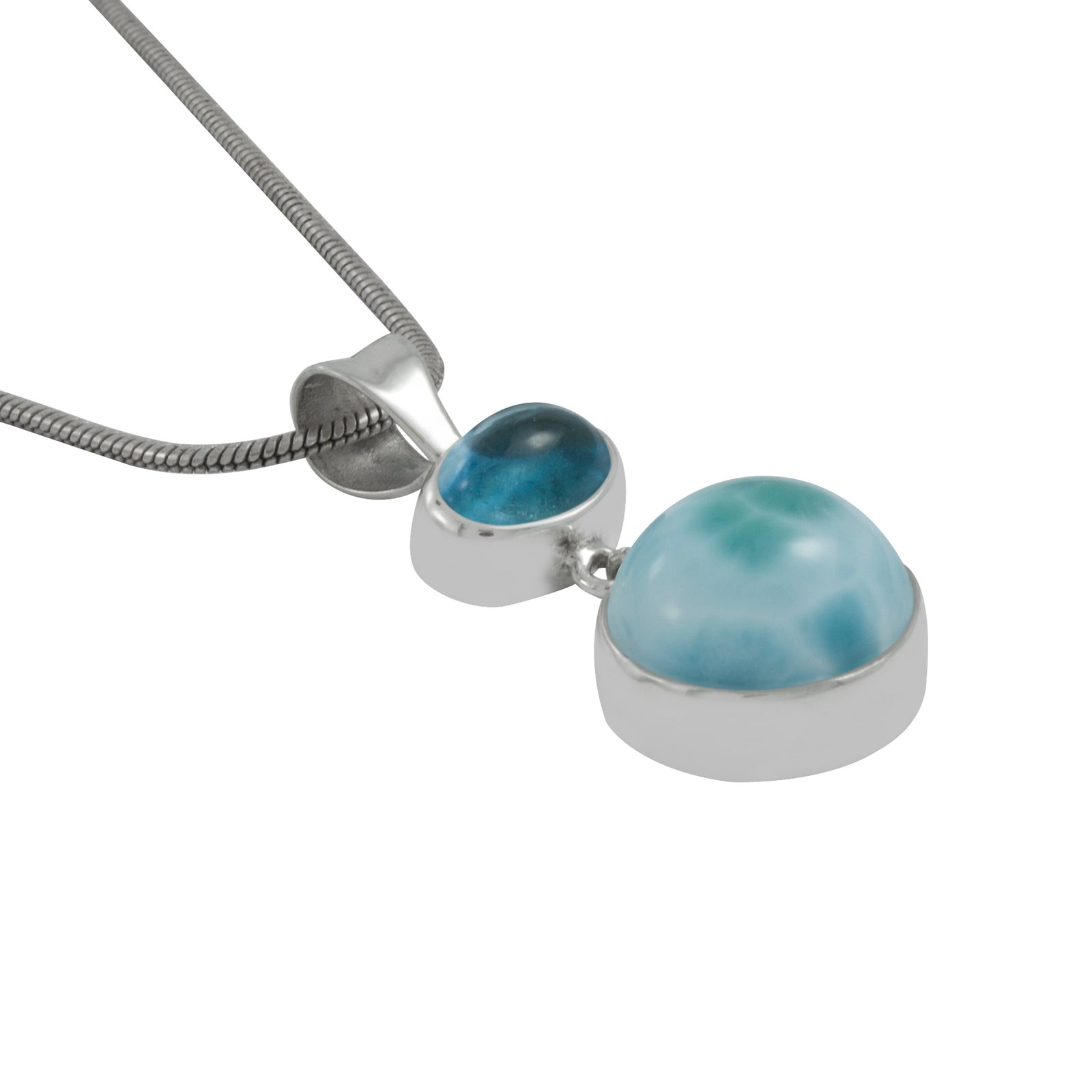 Silver Pendant With Blue Topaz Oval Cab & Larimar Drop