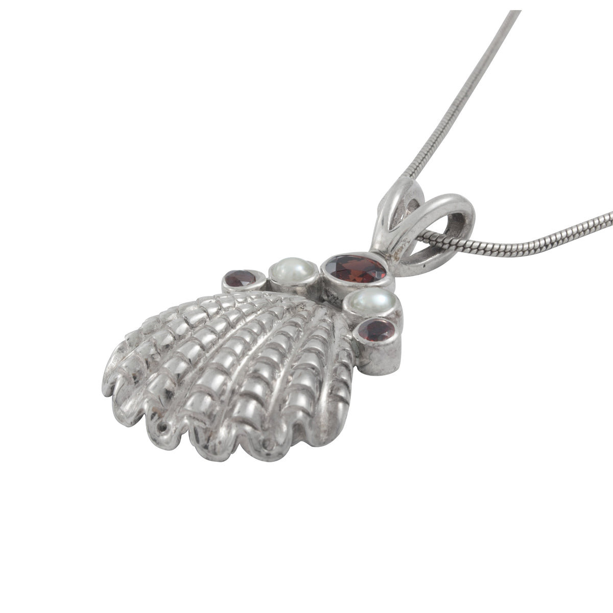 Silver Scallop Sea Shell Pendant with Gemstones