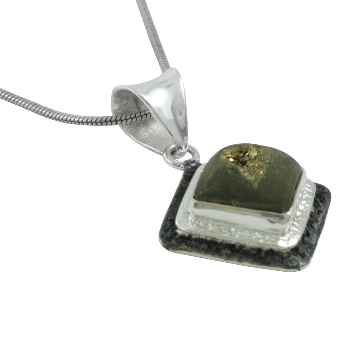 Contemporary Gold Druzy Silver Pendant with layered texture metal