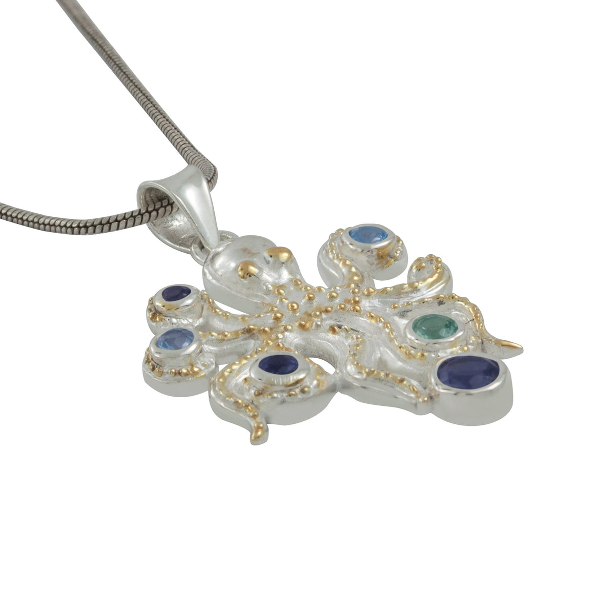 Silver Octopus Pendant with Multi Colored Gem Stones