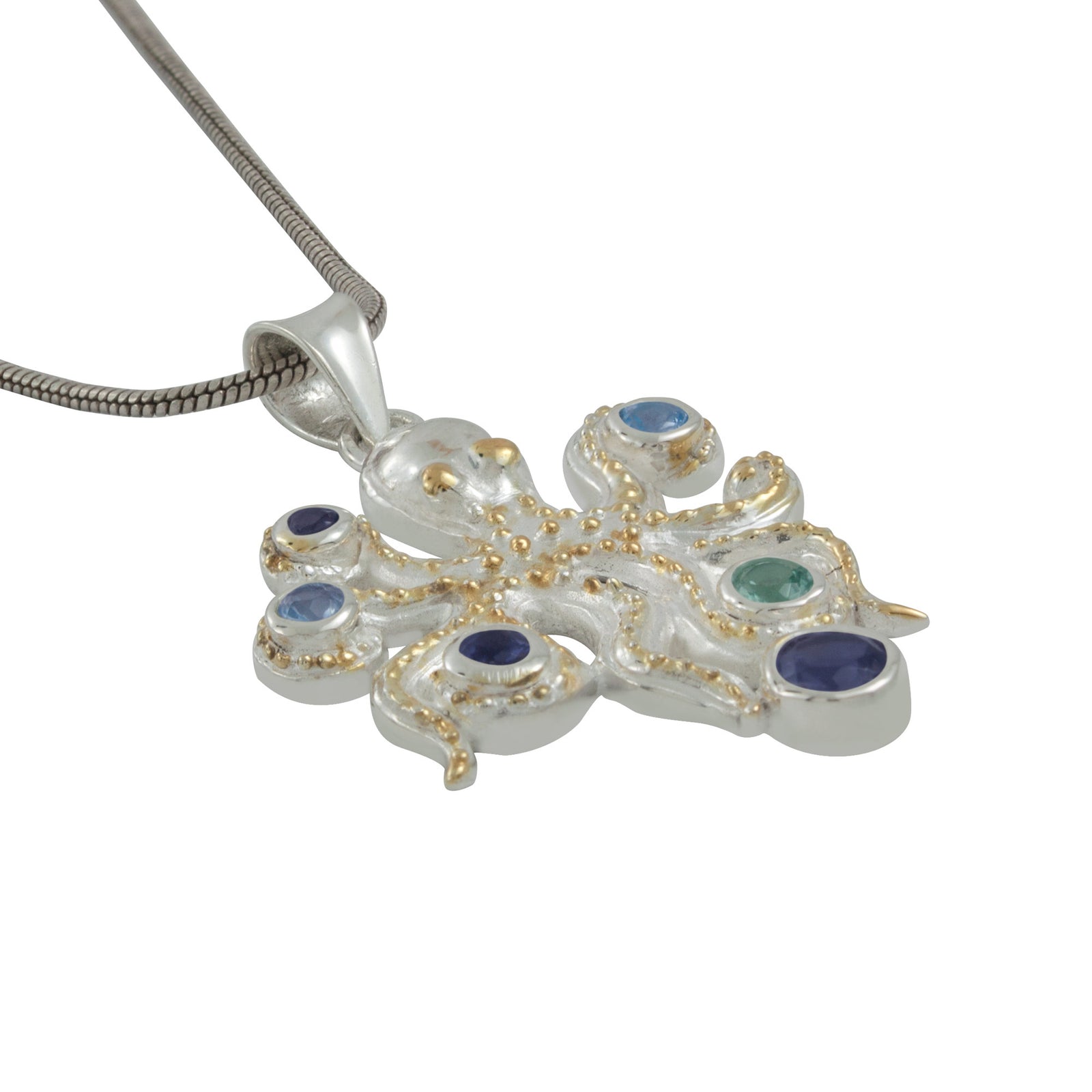 Silver Octopus Pendant with Multi Colored Gem Stones