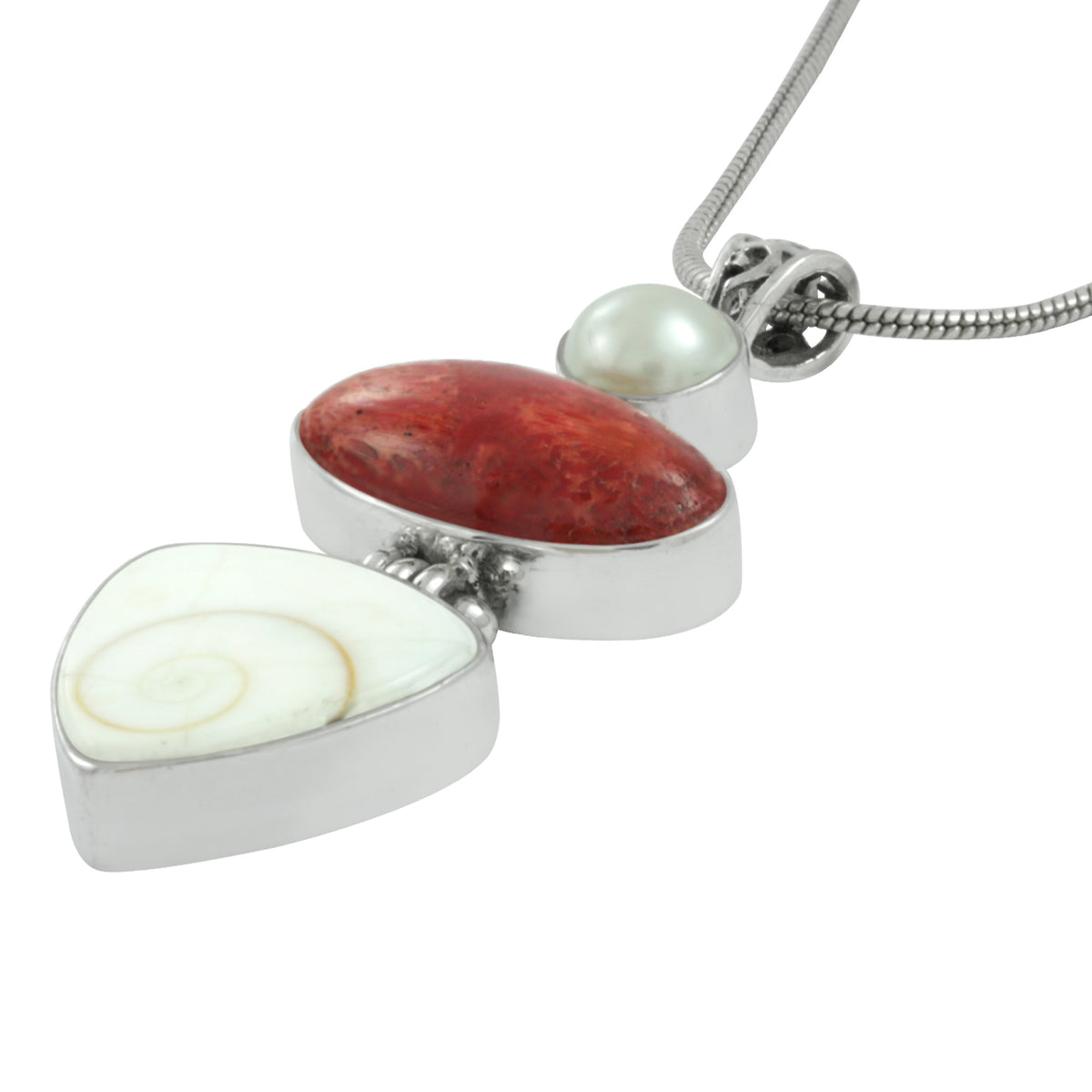 Silver Pendant With Pearl, Coral Oval &amp; Shell Piral Triangle