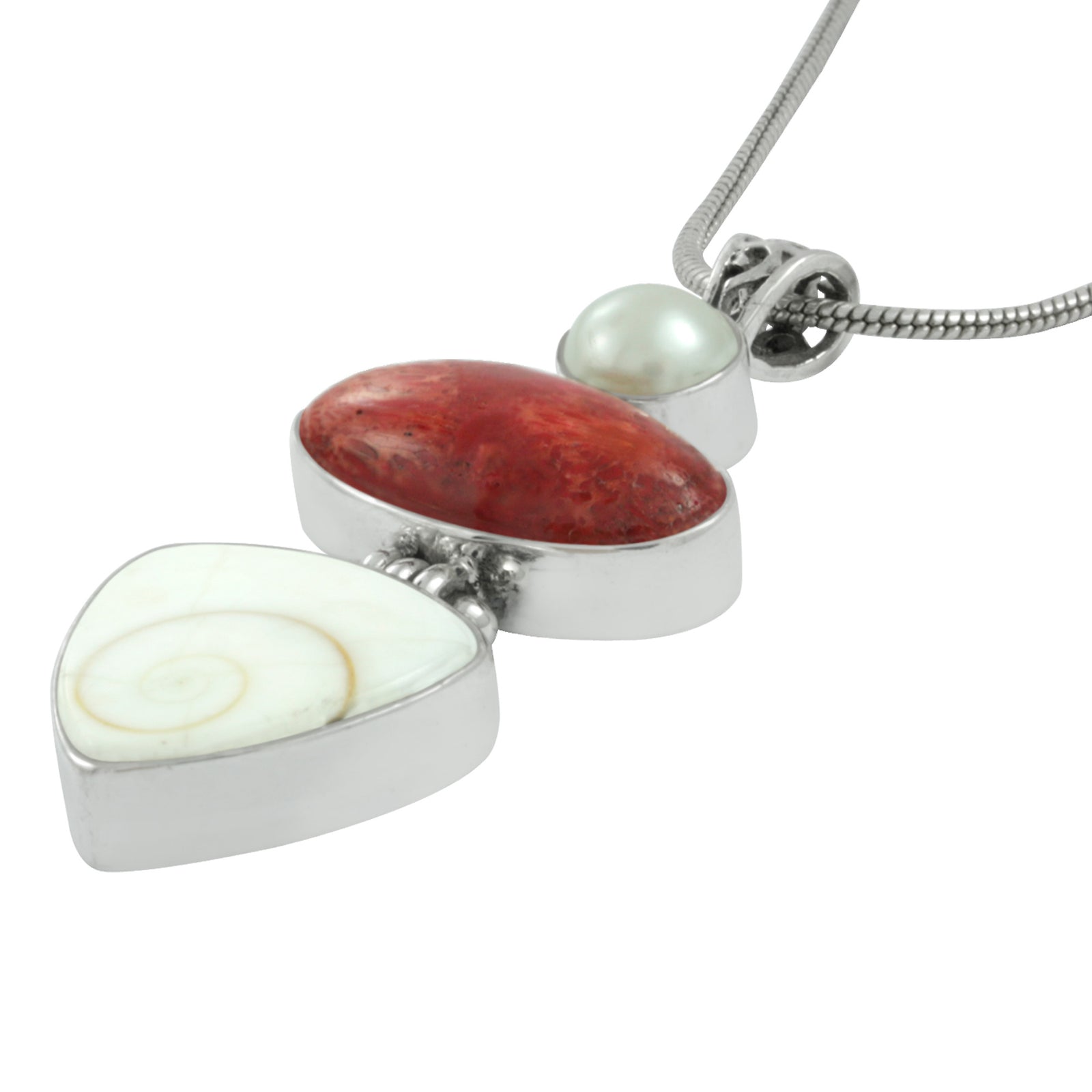 Silver Pendant With Pearl, Coral Oval & Shell Piral Triangle