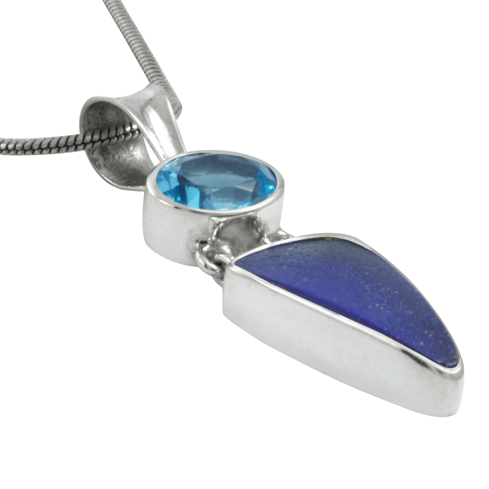 Unique Cobalt Blue Sea glass Pendant with Stunning Blue Topaz