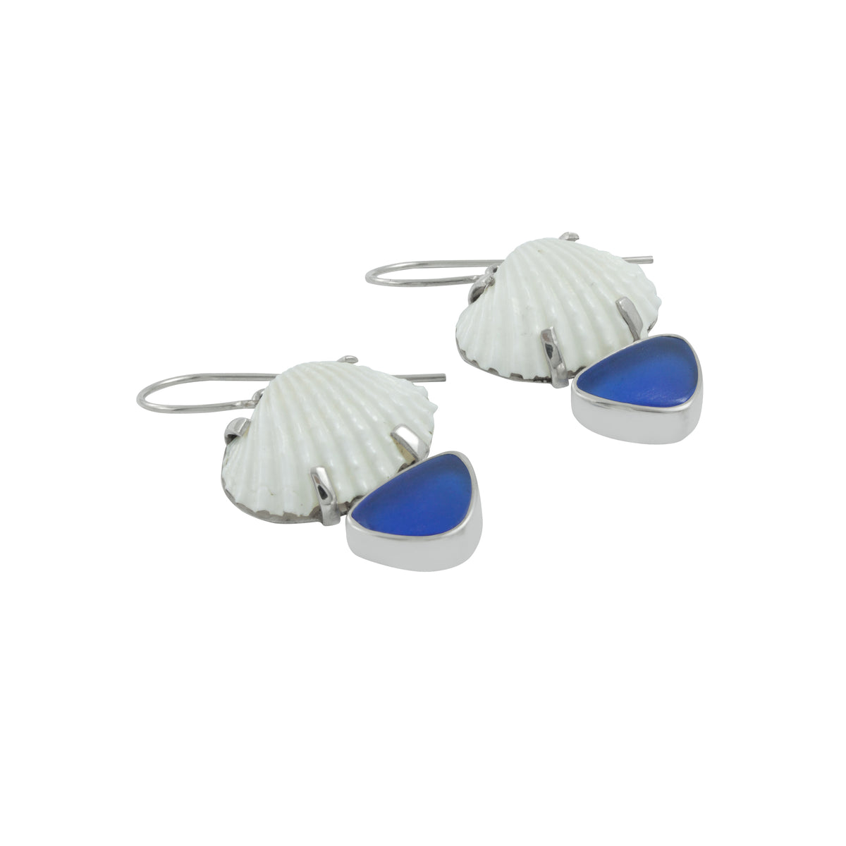 Silver Earring With White Ark Shell &amp; Sea Glass Blue
