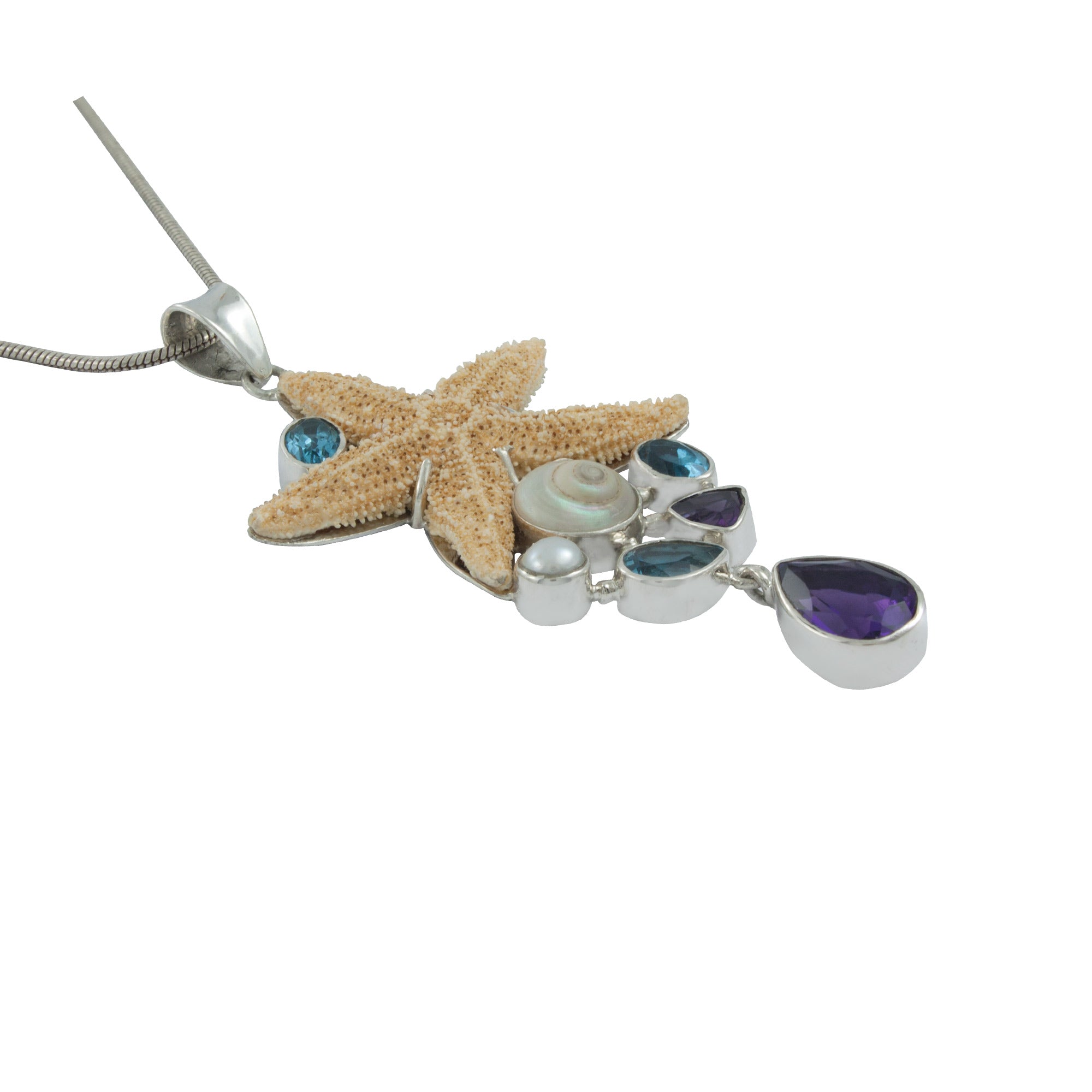 Silver Pendant With Star Fish, Blue Topaz Oval Facet, Shell Malabar Turbos, Pearl, Amethyst