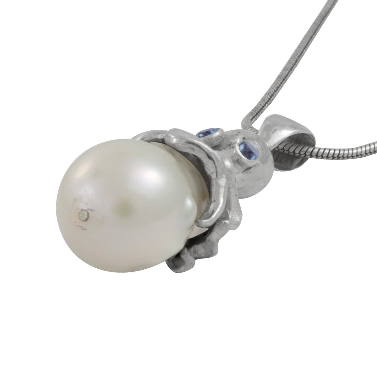 Silver Pendant Octopus With Blue Topaz Round Facet And PEarl Boruge Drop