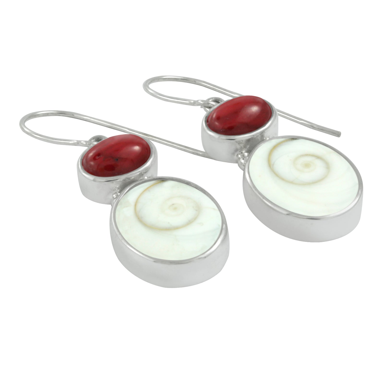 Silver Earring With Sponge Coral Oval & Spirall Shell Drop