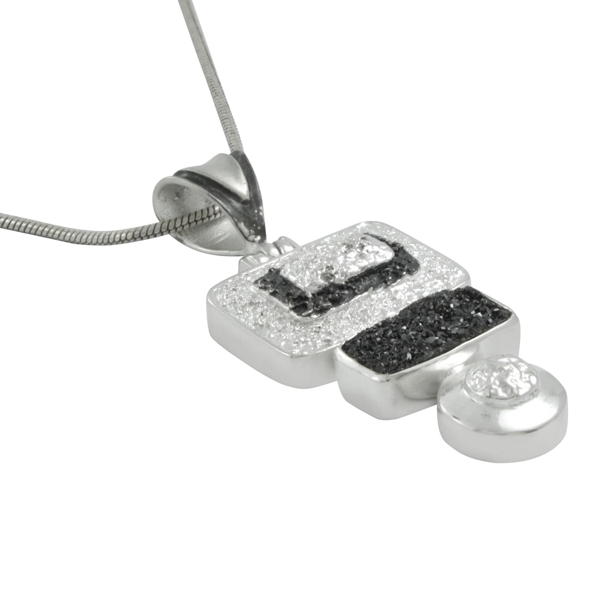 Silver Pendant Texture Component With Druzy Black Knight Rectangle Cushion