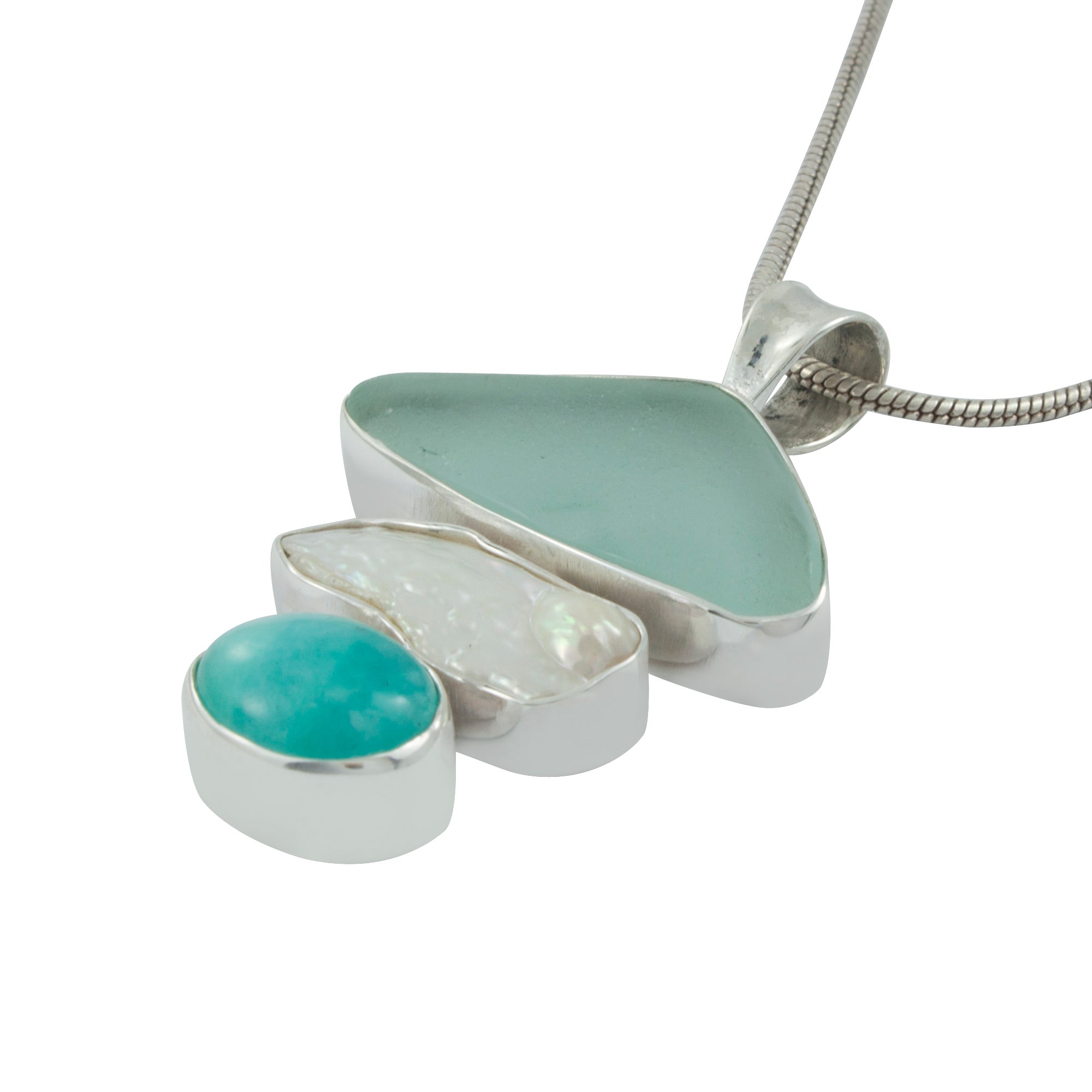 Elegant Seaglass Pendant -Pearl, Amozonite & Aqua Seaglass