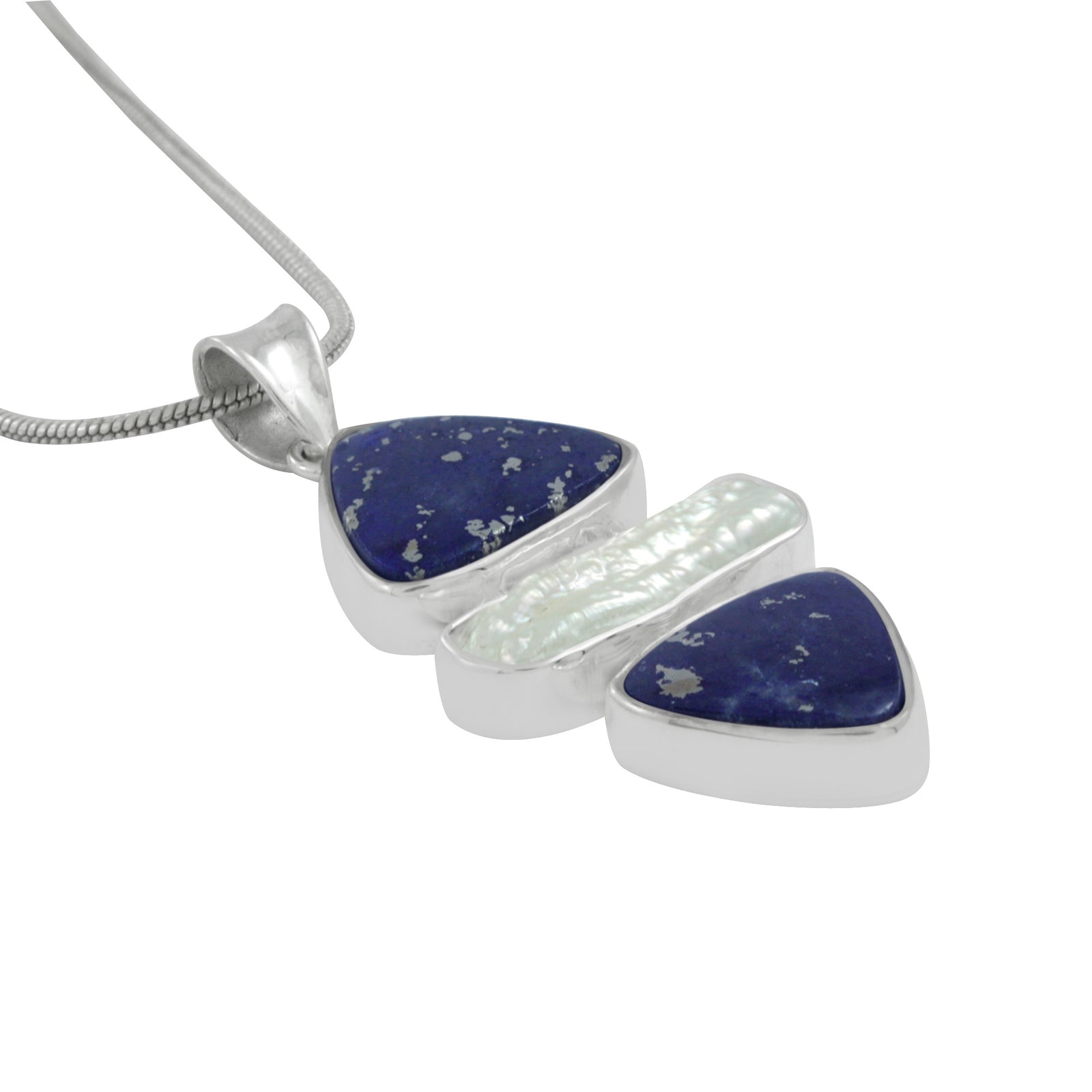 Silver Pendant With 2 Lapis Tri Angle And Pearl Biwa